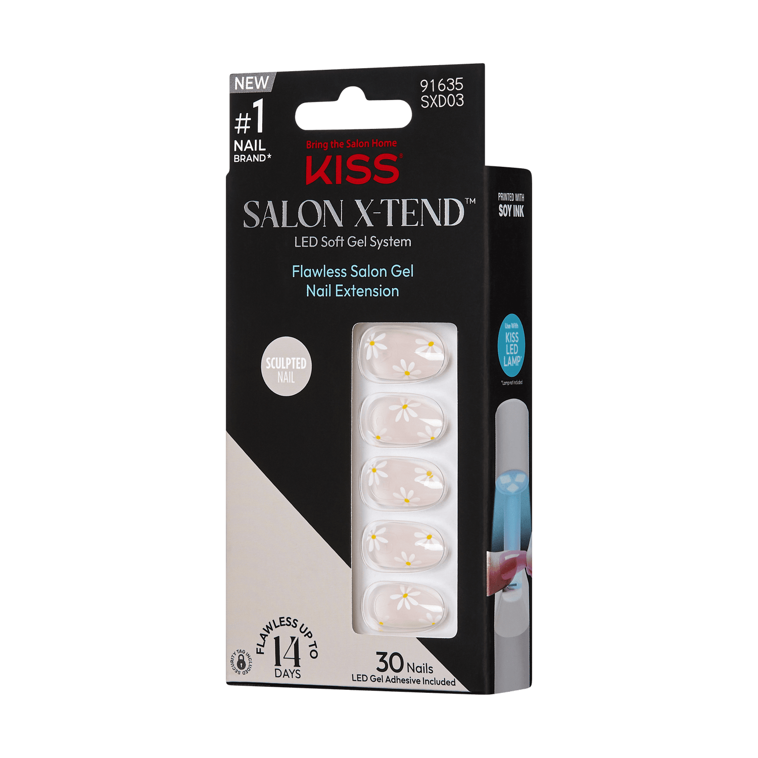 Packaging for KISS Salon X-TEND LED Soft Gel press-on nails in nude with white daisy designs, includes 30 sculpted nails and LED gel adhesive.