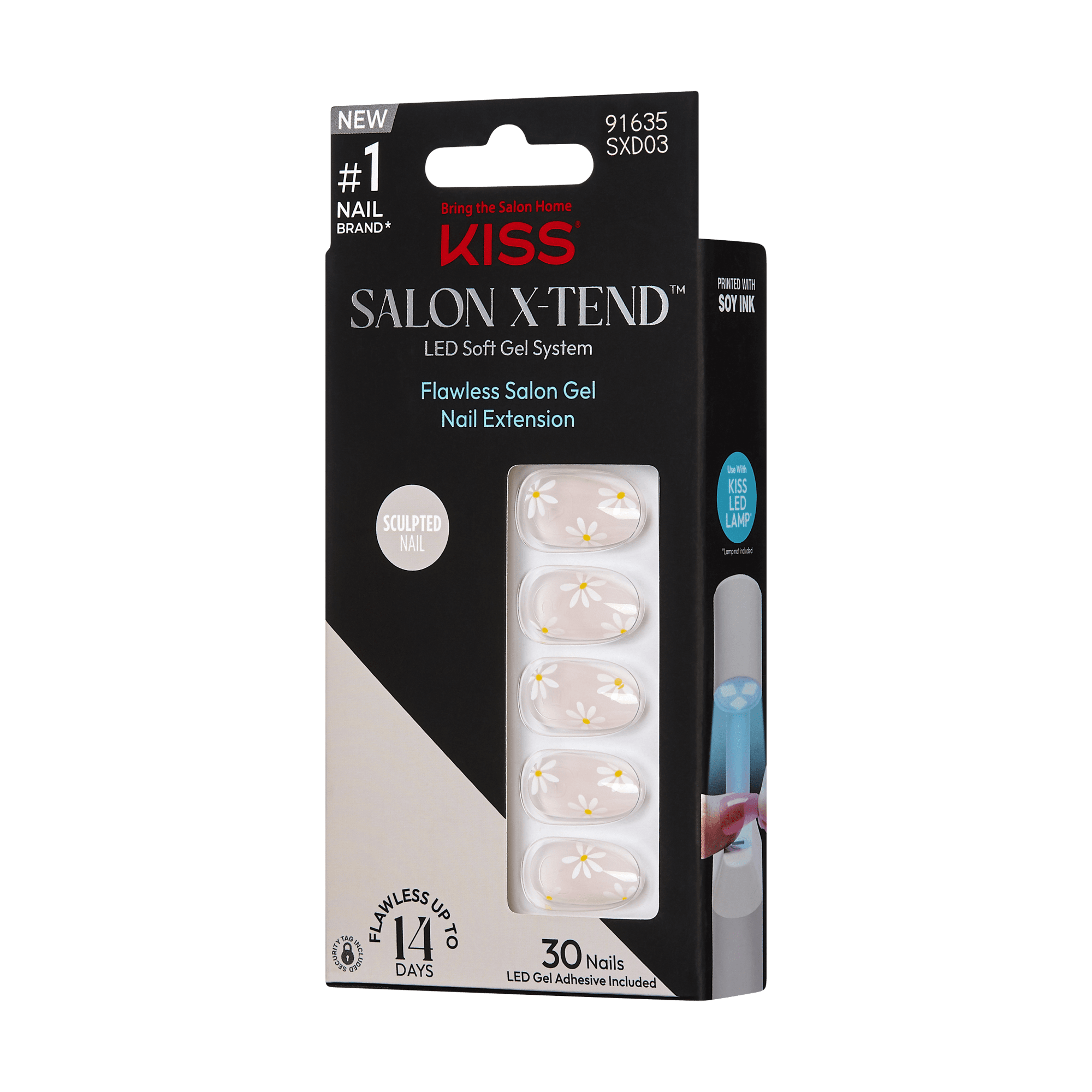 Packaging for KISS Salon X-TEND LED Soft Gel press-on nails in nude with white daisy designs, includes 30 sculpted nails and LED gel adhesive.