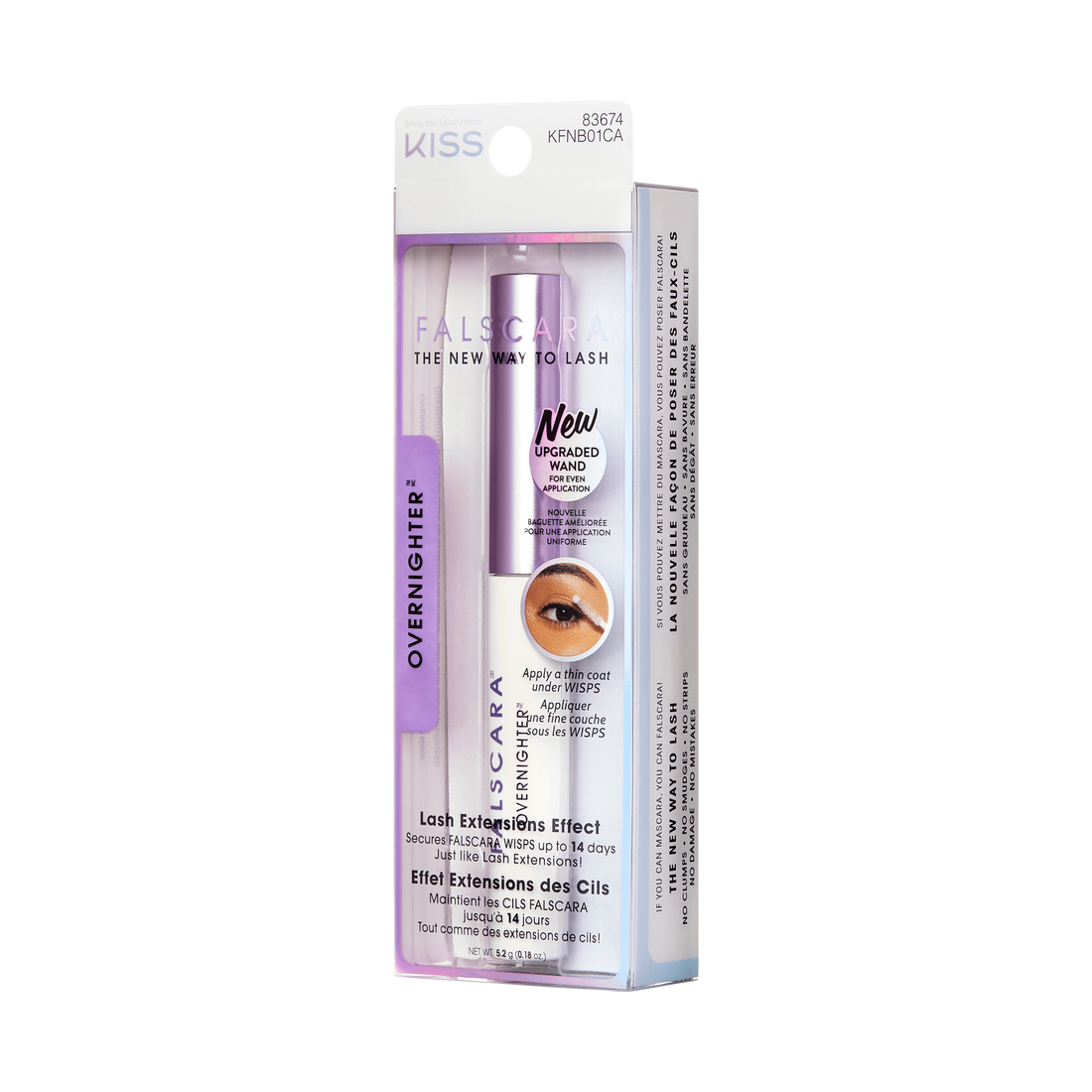 FALSCARA Overnighter Long Wear Sealer in clear rectangular packaging with a white tube and lavender cap, claims lash extensions effect lasting up to 14 days.