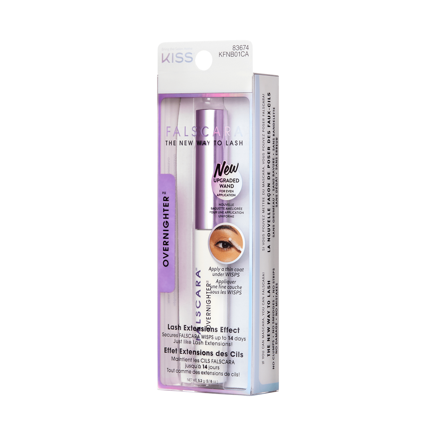 FALSCARA Overnighter Long Wear Sealer in clear rectangular packaging with a white tube and lavender cap, claims lash extensions effect lasting up to 14 days.