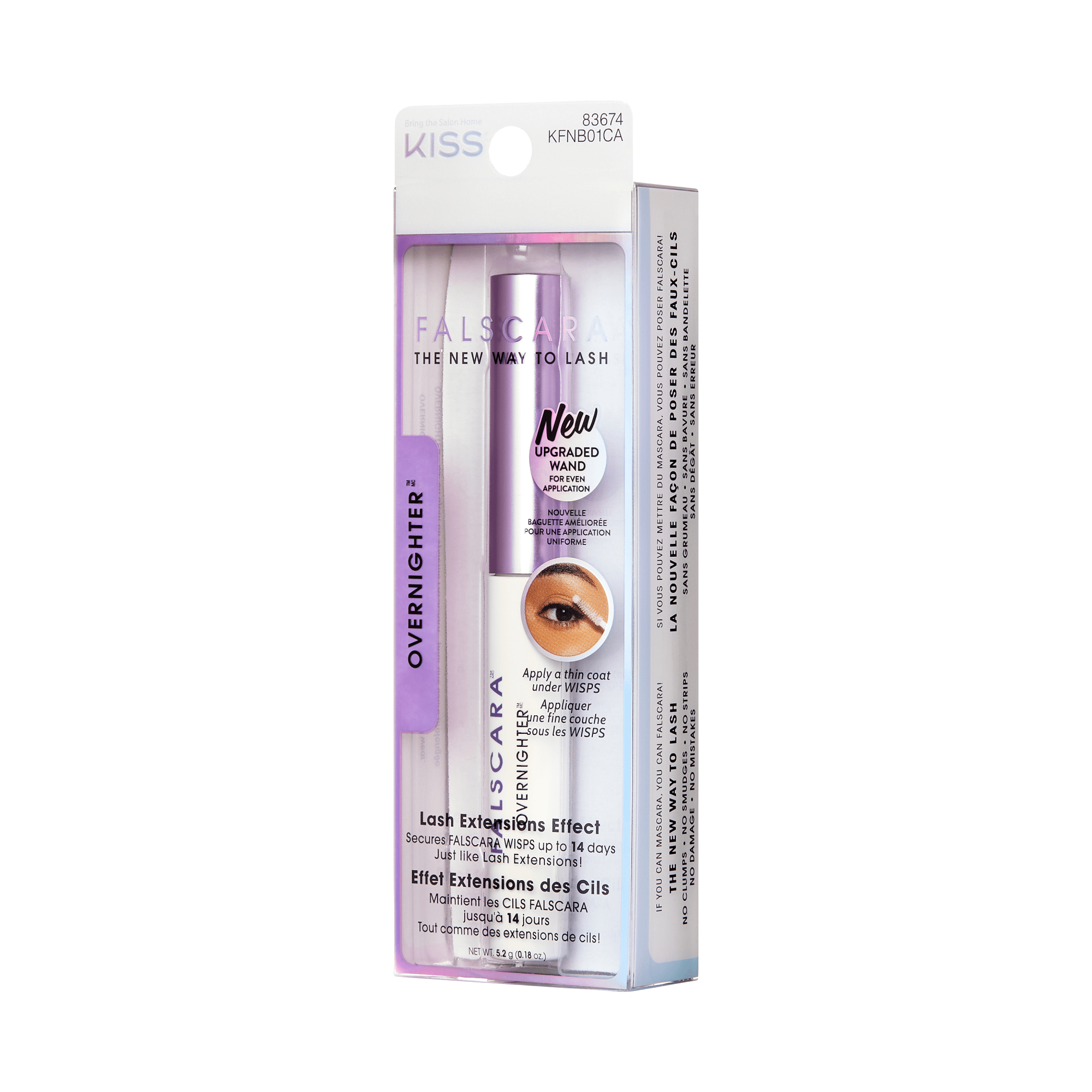 FALSCARA Overnighter Long Wear Sealer in clear rectangular packaging with a white tube and lavender cap, claims lash extensions effect lasting up to 14 days.