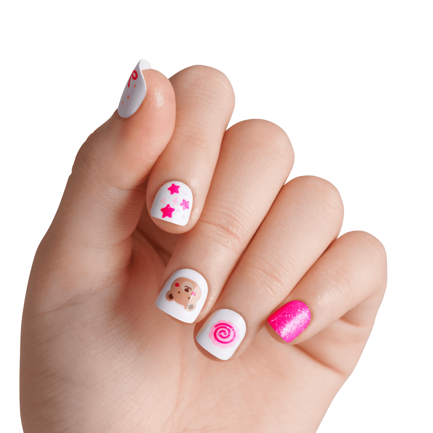 Hand displaying pink and white nail art with stars, gingerbread man, spiral, and glitter designs.