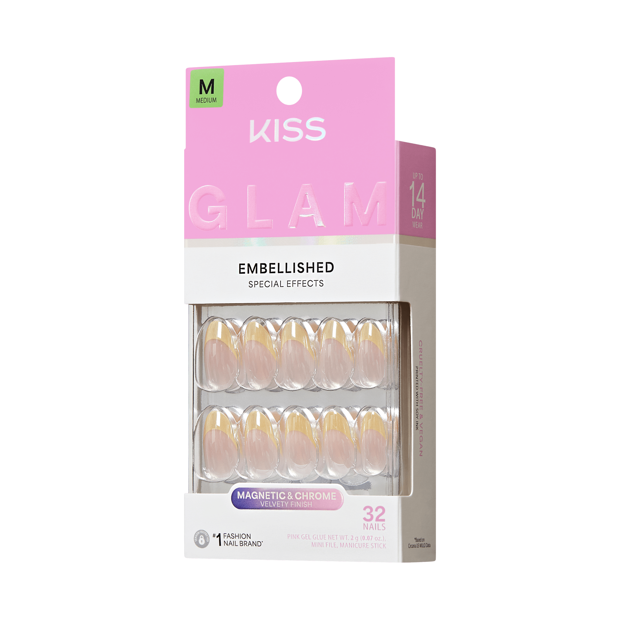 KISS Glam Embellished Medium Fake Nails, Magnetic &amp; Chrome, 32 Count