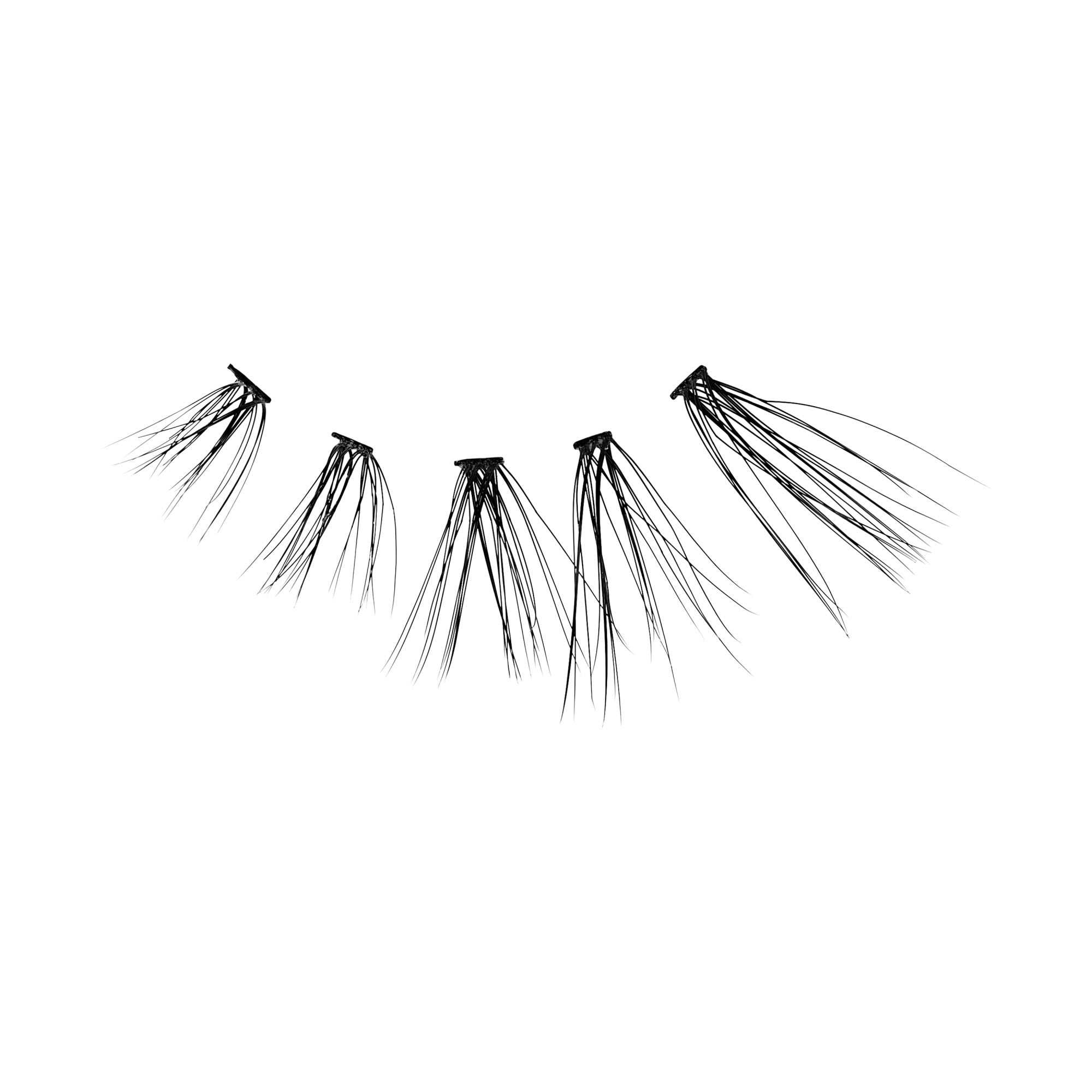 The image features a series of five black hair extensions or clip-in hair pieces arranged in a curved line. Each piece has a small clip at the top, with long, straight strands of hair extending downward. The background is plain white, emphasizing the hair pieces and their sleek appearance. The overall look is clean and minimalistic.