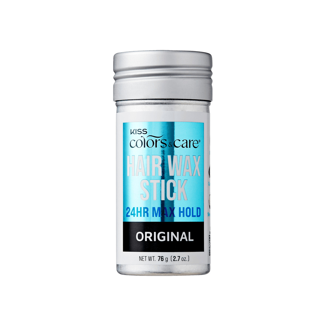 KISS Colors &amp; Care Hair Wax Stick in a small silver container with blue label, featuring "24HR Max Hold" and "Original" scent text.