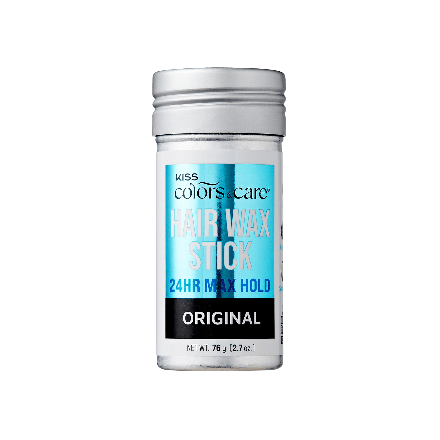 KISS Colors &amp; Care Hair Wax Stick in a small silver container with blue label, featuring "24HR Max Hold" and "Original" scent text.