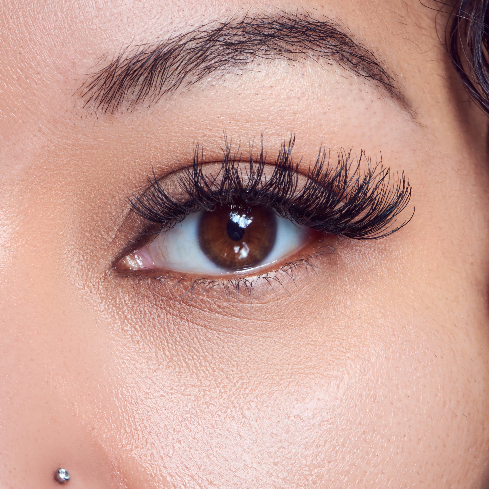 Close-up of a brown eye with long, thick, natural-looking false eyelashes applied, showing fine detail of lashes and skin texture.