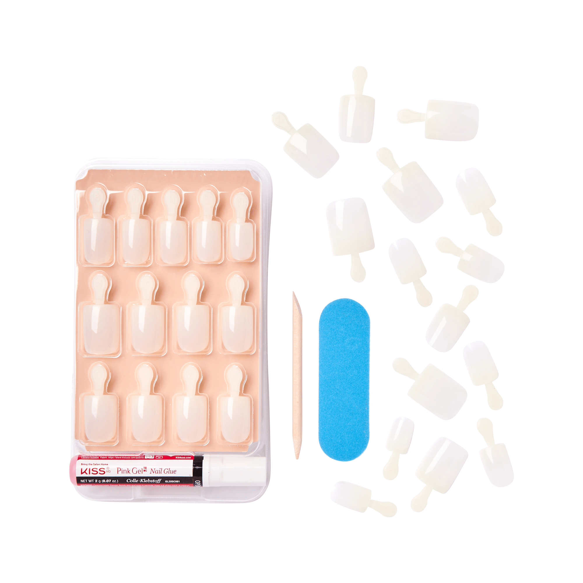 Set of natural-colored acrylic press-on nails with adhesive tabs, a small pink gel nail glue tube, blue nail file, and wooden cuticle stick on a white background.
