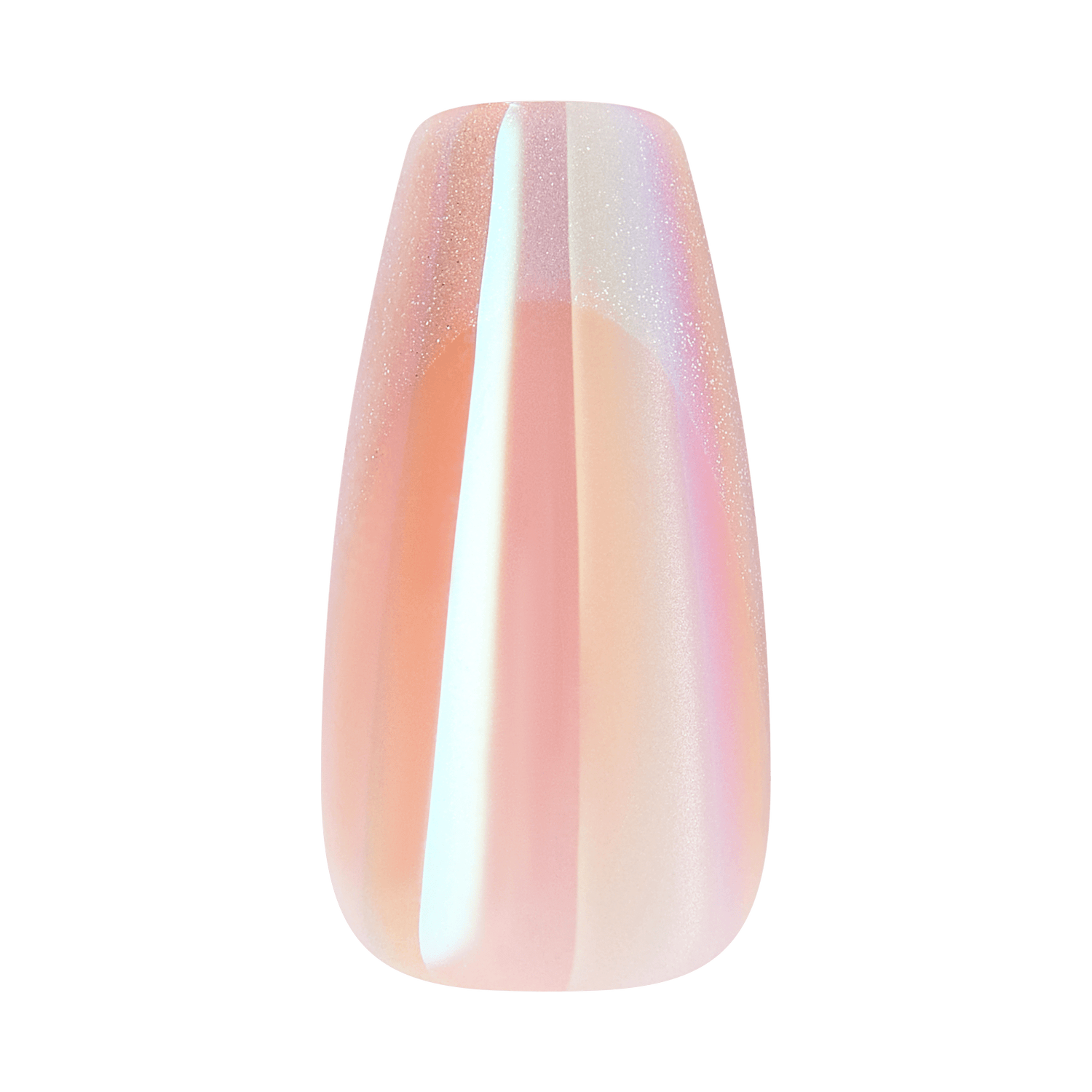 Glossy coffin-shaped nail with iridescent pink and white gradient finish.