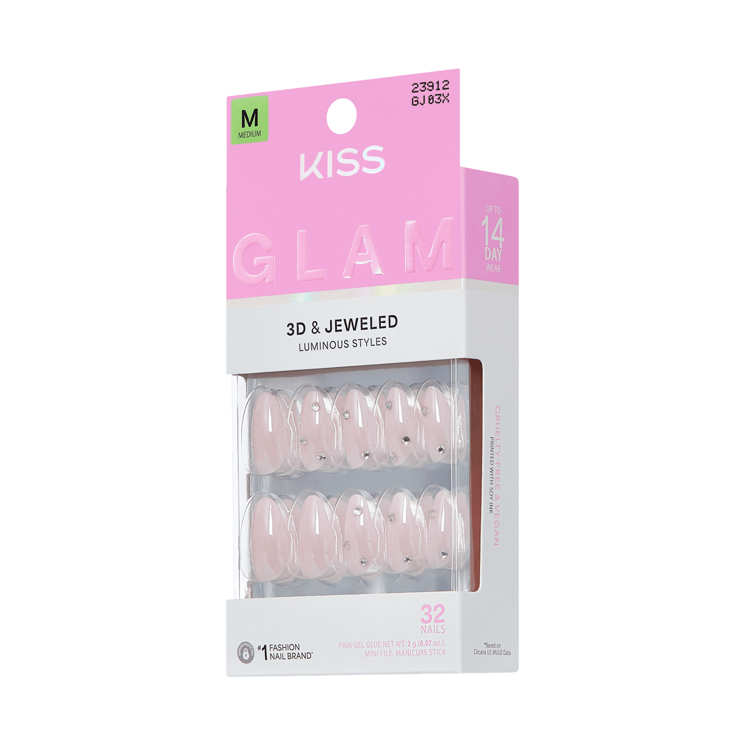 Kiss Glam Jeweled Press On Fake Glue Nails - Candy Dust | 3D &amp; Jeweled, Pink, Medium, Almond