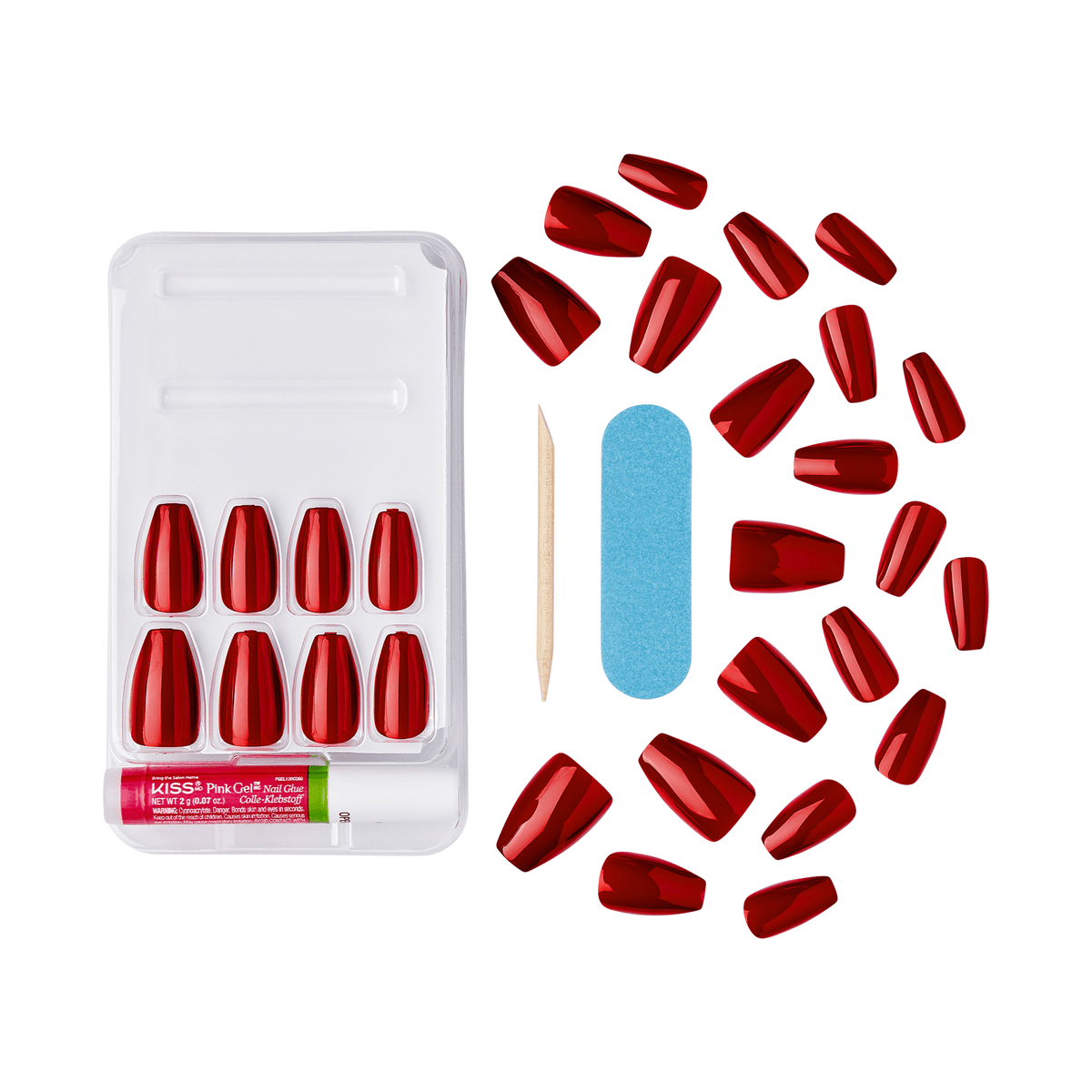 The image shows a set of artificial red nails. The set includes multiple pieces of red, glossy, press-on nails of various sizes arranged in a circular pattern around a white plastic tray. The tray contains additional nails, a wooden cuticle stick, and a blue nail file. The packaging at the bottom of the tray is labeled "KISS" and mentions "Pink Gel" and "Ultra Smooth Finish." The overall presentation is neat and organized, designed for easy application of the artificial nails.