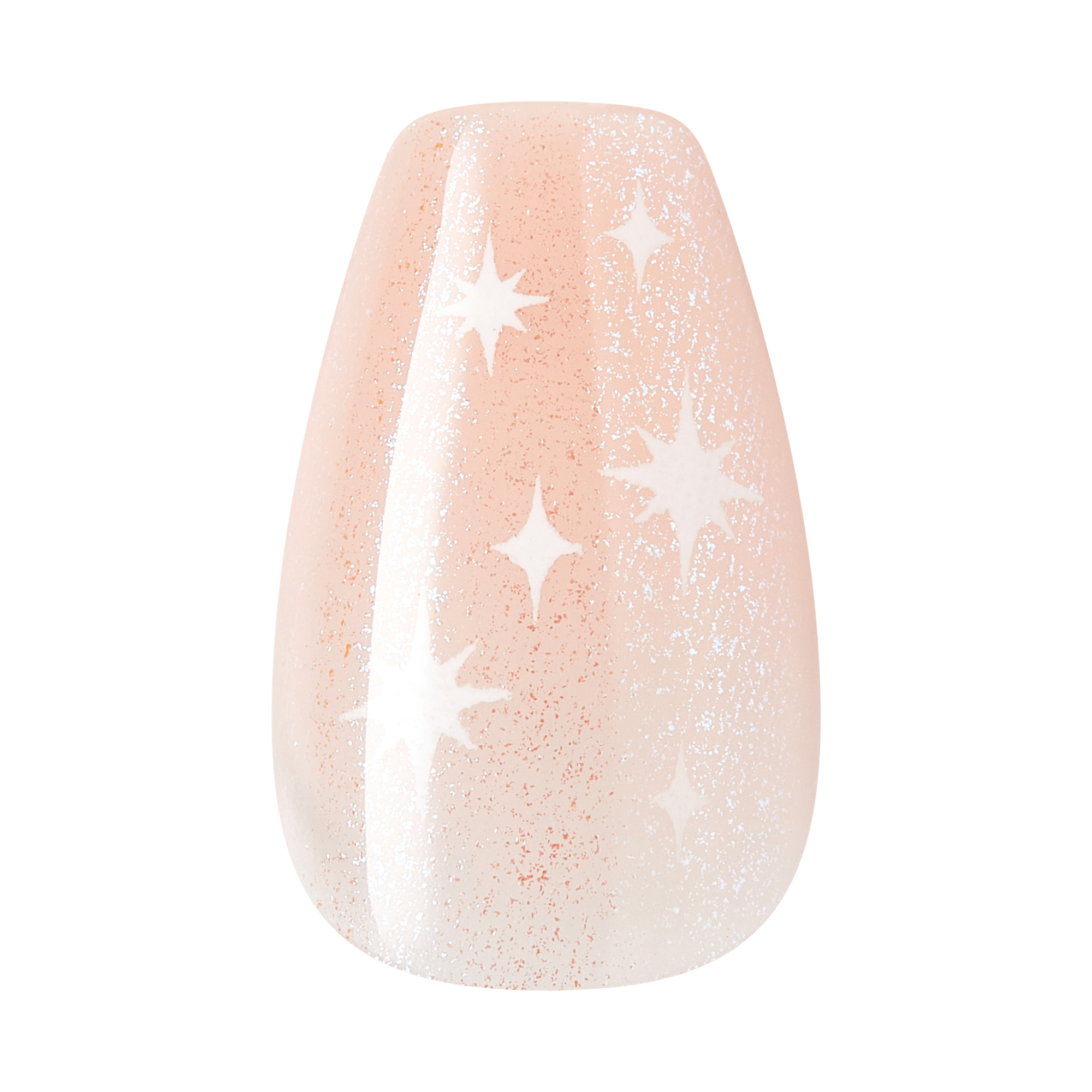 Peach glitter nail polish with white star design on rounded coffin-shaped nail.