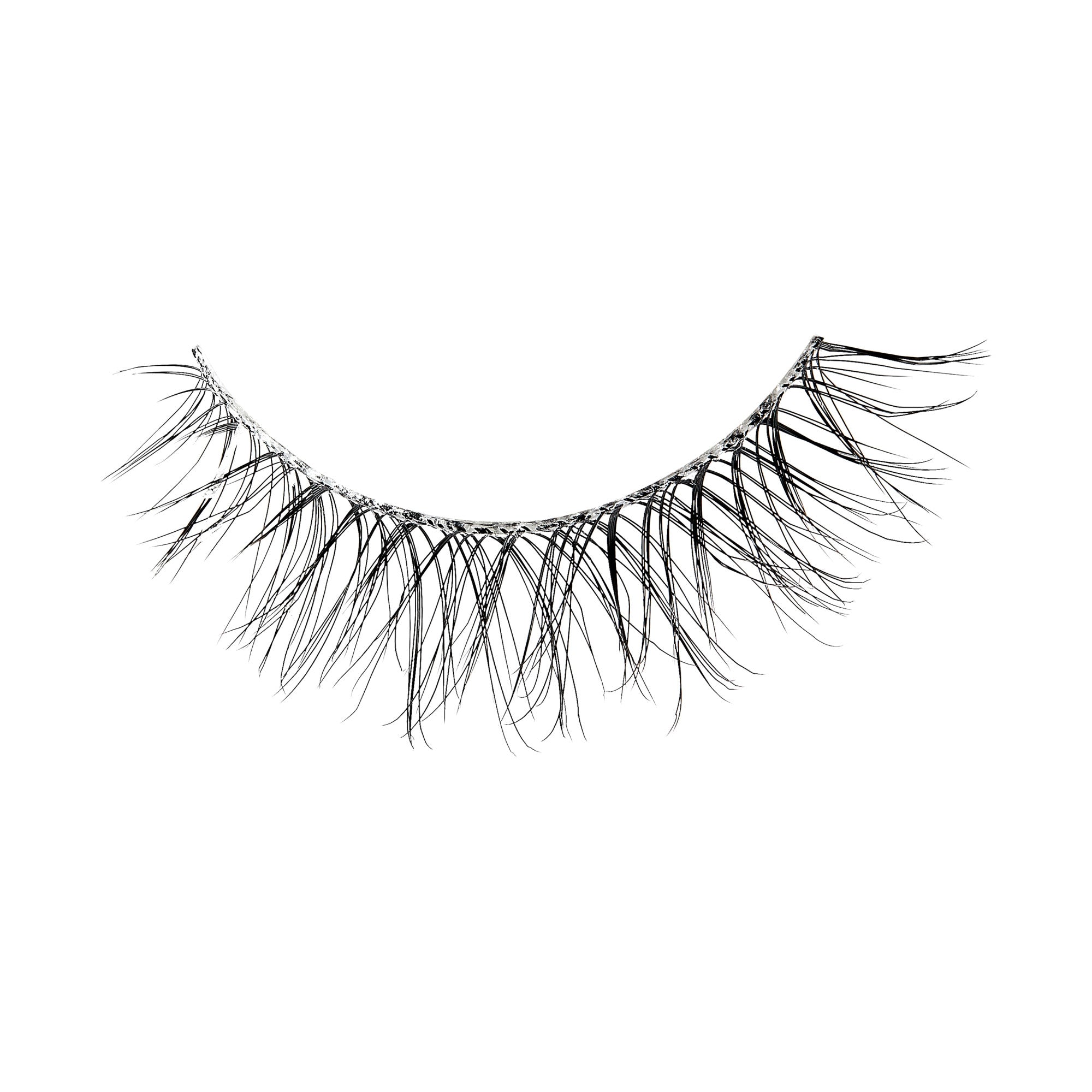 The image shows a single false eyelash. The eyelash is curved to fit the natural shape of the eye and features long, wispy, and slightly crisscrossed synthetic fibers. The base of the eyelash is a thin, flexible strip designed to adhere to the eyelid. The fibers are black, giving a dramatic and voluminous appearance.