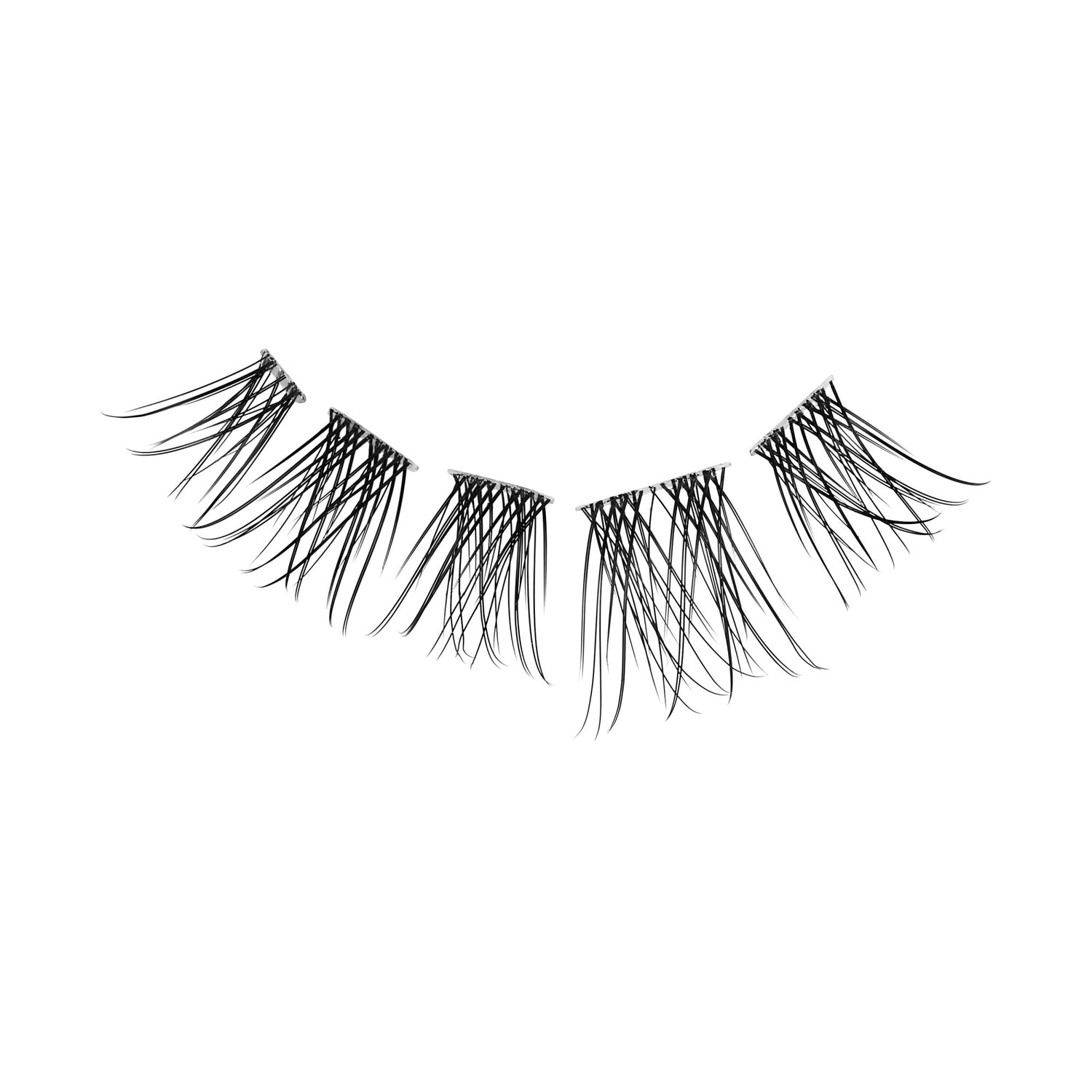 Pair of black false eyelashes with layered, feathered design on white background.