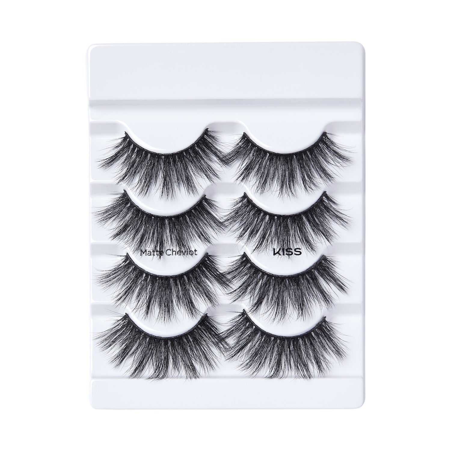 Four pairs of matte black false eyelashes arranged in white plastic packaging, labeled \