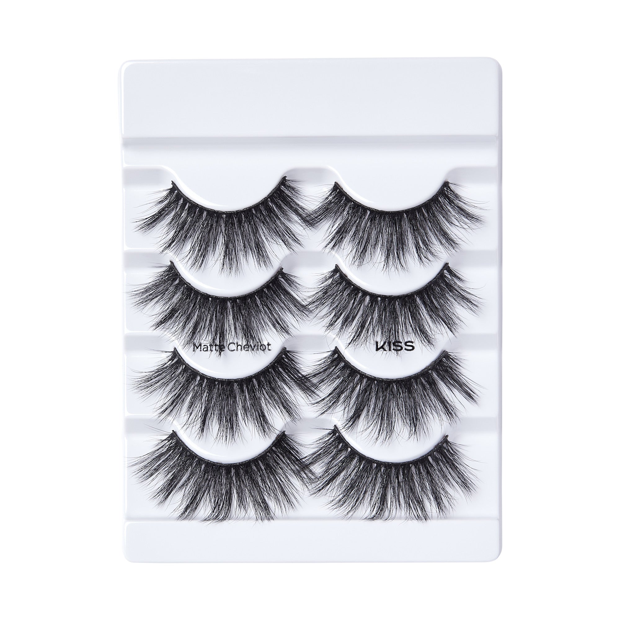 Four pairs of matte black false eyelashes arranged in white plastic packaging, labeled \