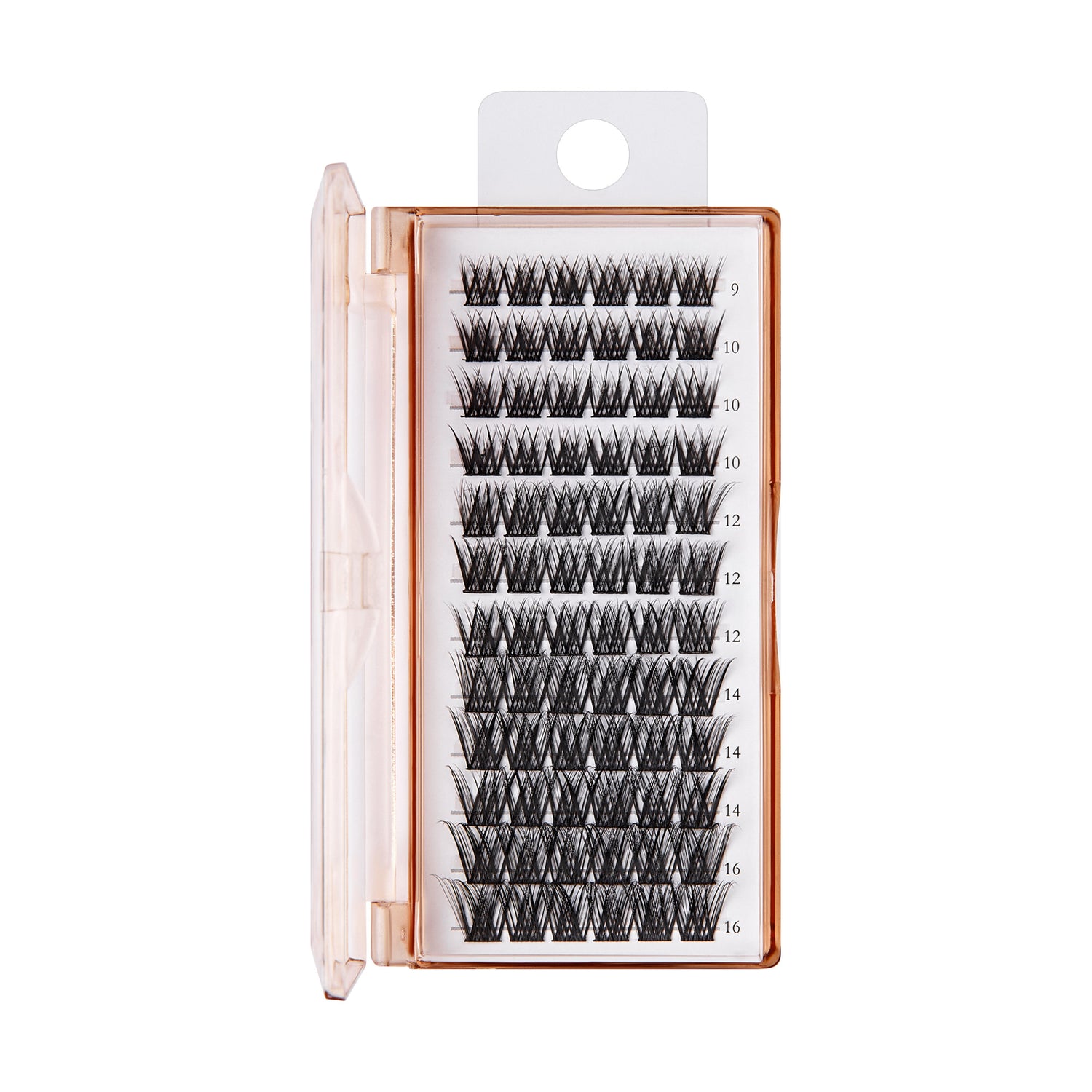 The image features a clear plastic case containing individual false eyelashes. The case is organized with multiple rows of lashes, each labeled with different lengths ranging from 9mm to 16mm. The lashes are black and have a natural, wispy appearance, designed to enhance the look of natural eyelashes. The packaging is sleek and compact, making it easy to store and transport.