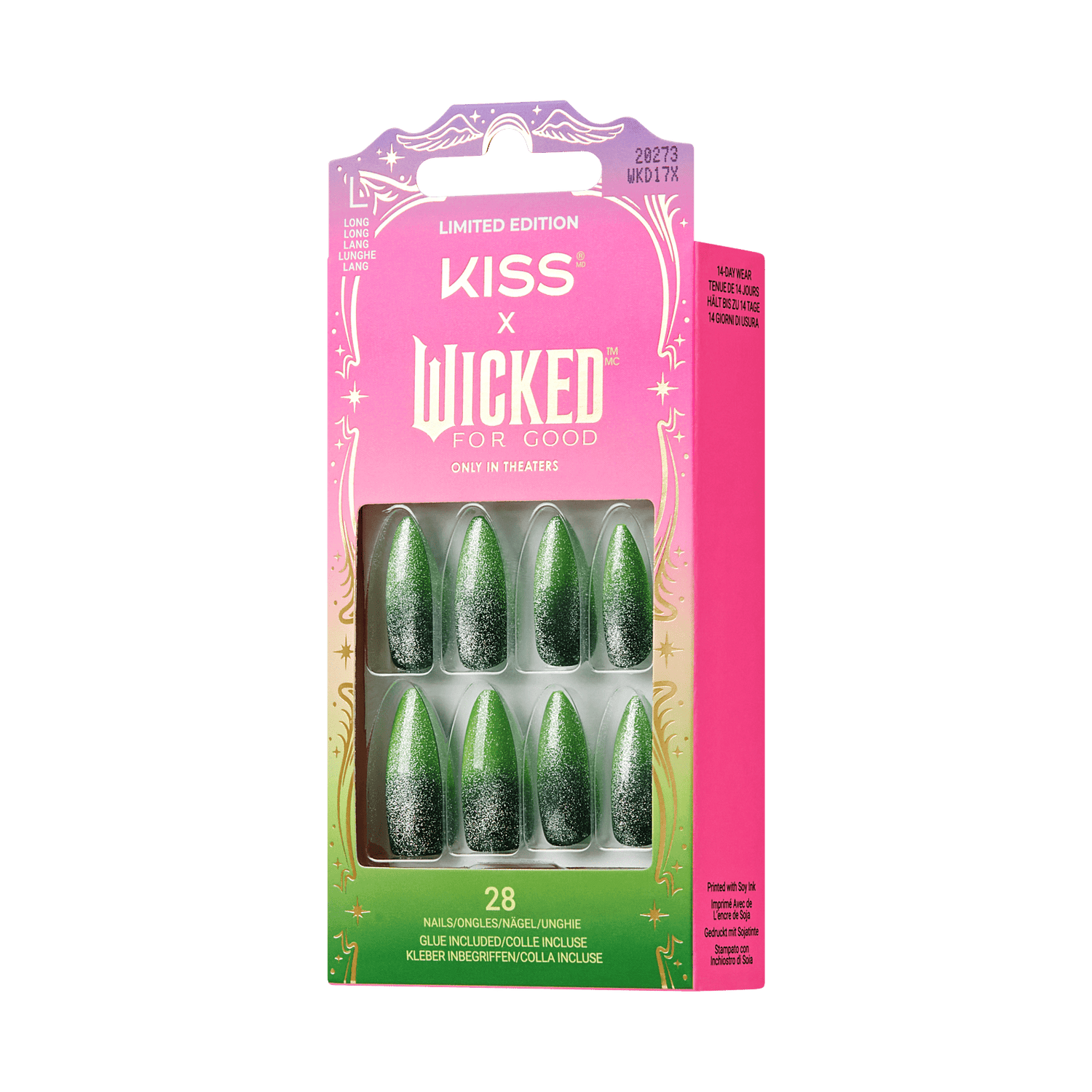 KISS x Wicked Limited Edition green glitter press-on nails, 28 count set with glue included.
