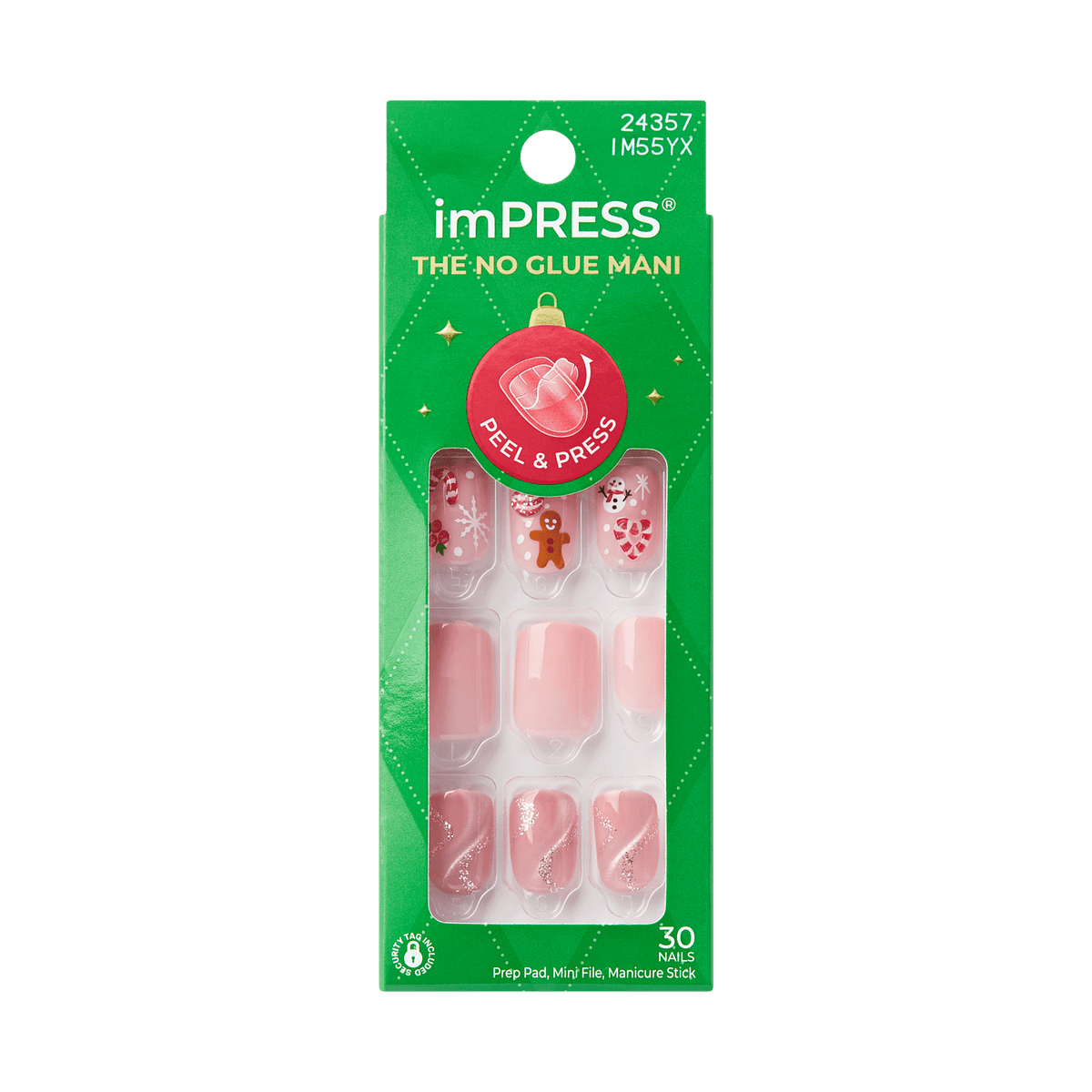 Impress Design Holiday No Glue Fake Press On Nails - Feliz Navidad | Design, Pink, Short, Squoval, Manicure