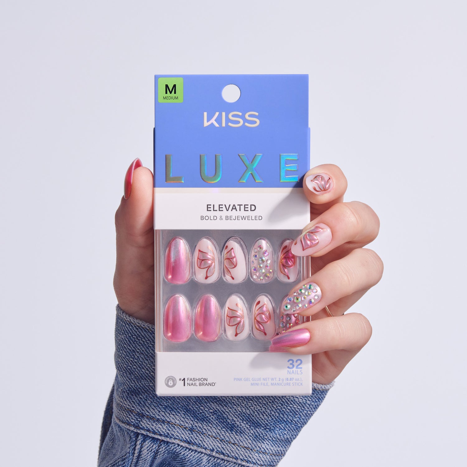 KISS Luxe Elevated Medium pink gel nails with rhinestones and leaf designs, 32-pack