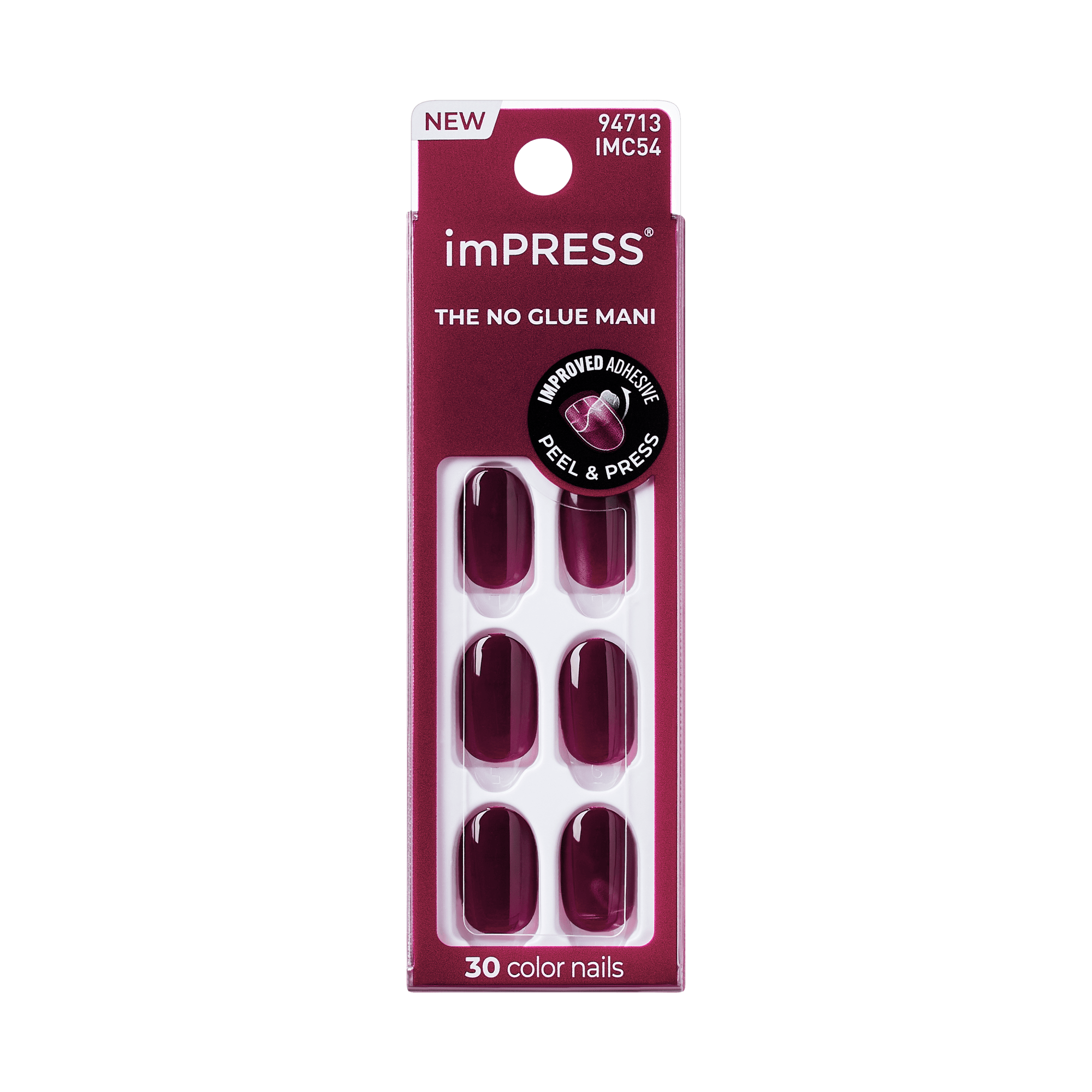 The image features a packaging for imPRESS press-on nails. The design is predominantly burgundy, showcasing a set of six false nails in a similar deep red shade. The packaging highlights the product as "NEW" and emphasizes that it requires no glue, with a "PEEL &amp; PRESS" instruction. The brand name "imPRESS" is prominently displayed, along with a circular badge indicating an improved adhesive. The overall look is sleek and modern, aimed at consumers looking for easy-to-apply nail solutions.