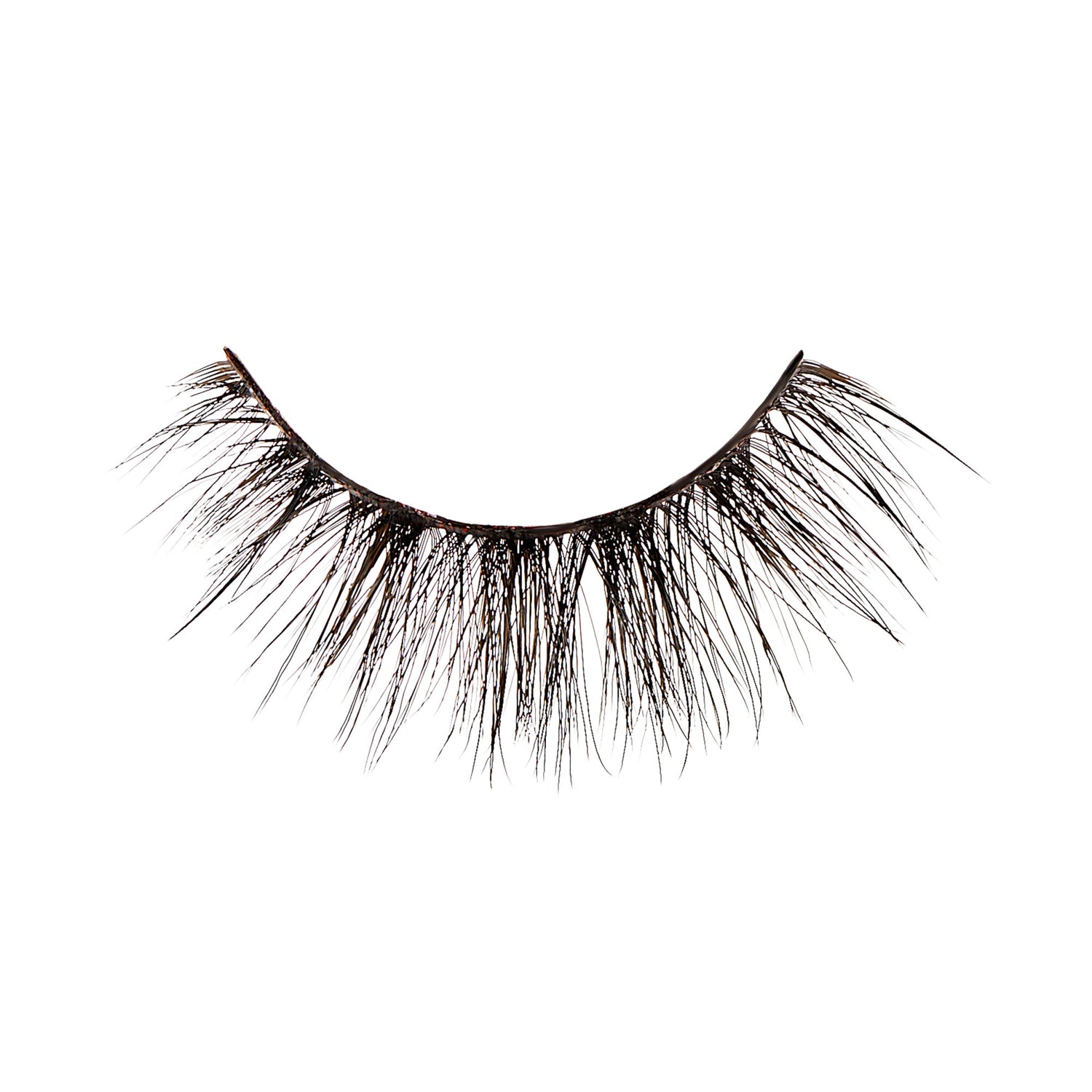 Single black false eyelash with a wispy, voluminous design and varying lash lengths, set against a white background.