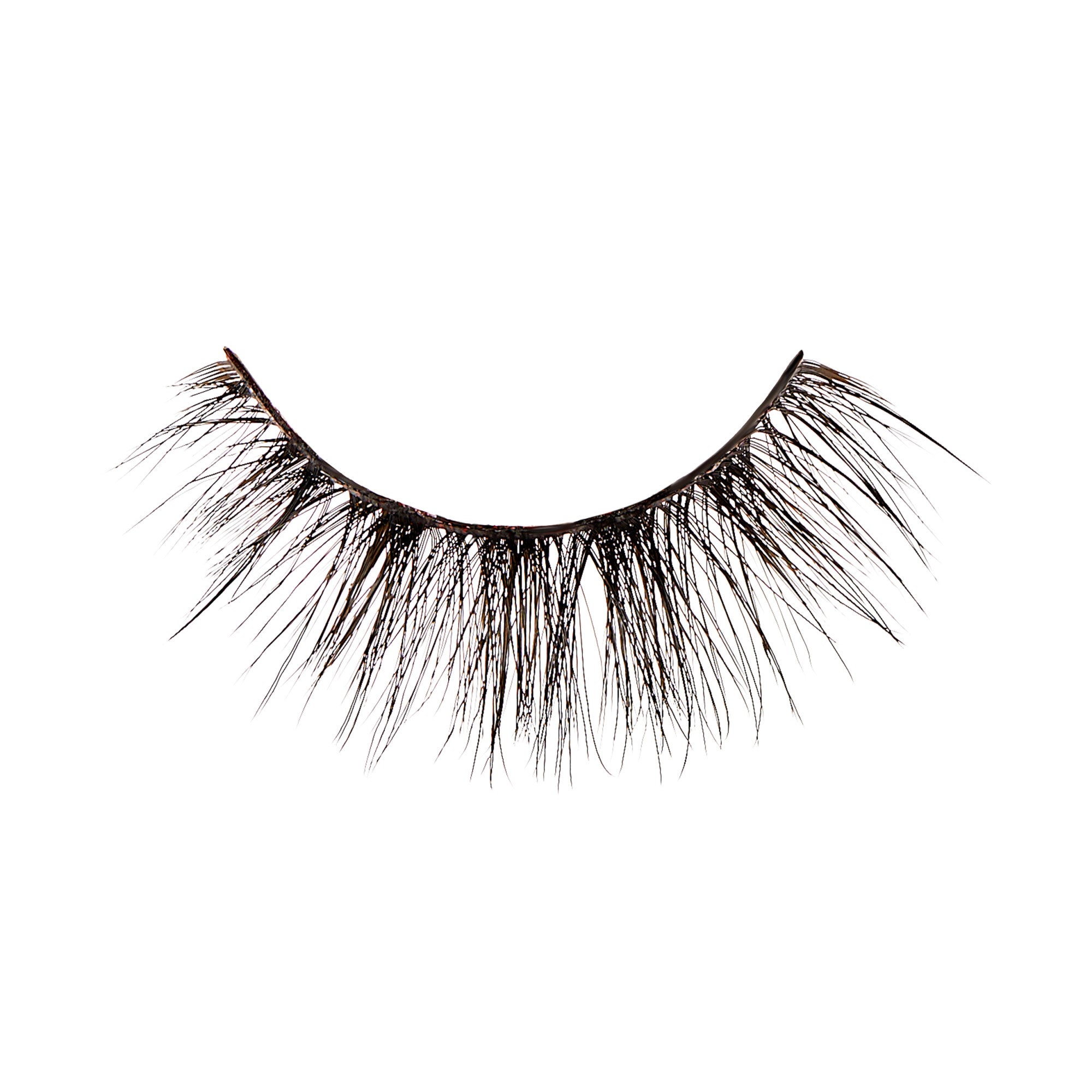 Single black false eyelash with a wispy, voluminous design and varying lash lengths, set against a white background.