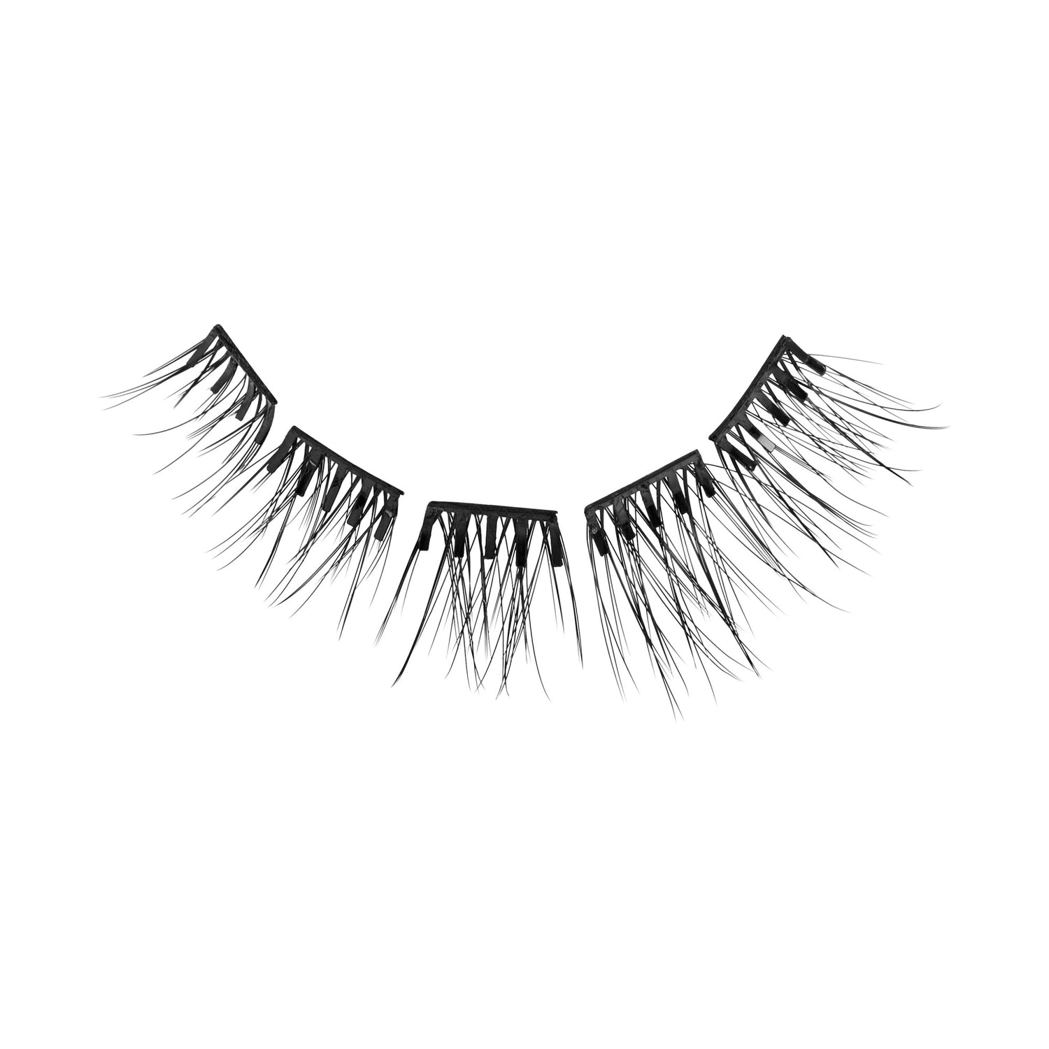 Five sections of natural-looking black self-adhesive false eyelash clusters arranged side by side, showing wispy, separated lash strands.