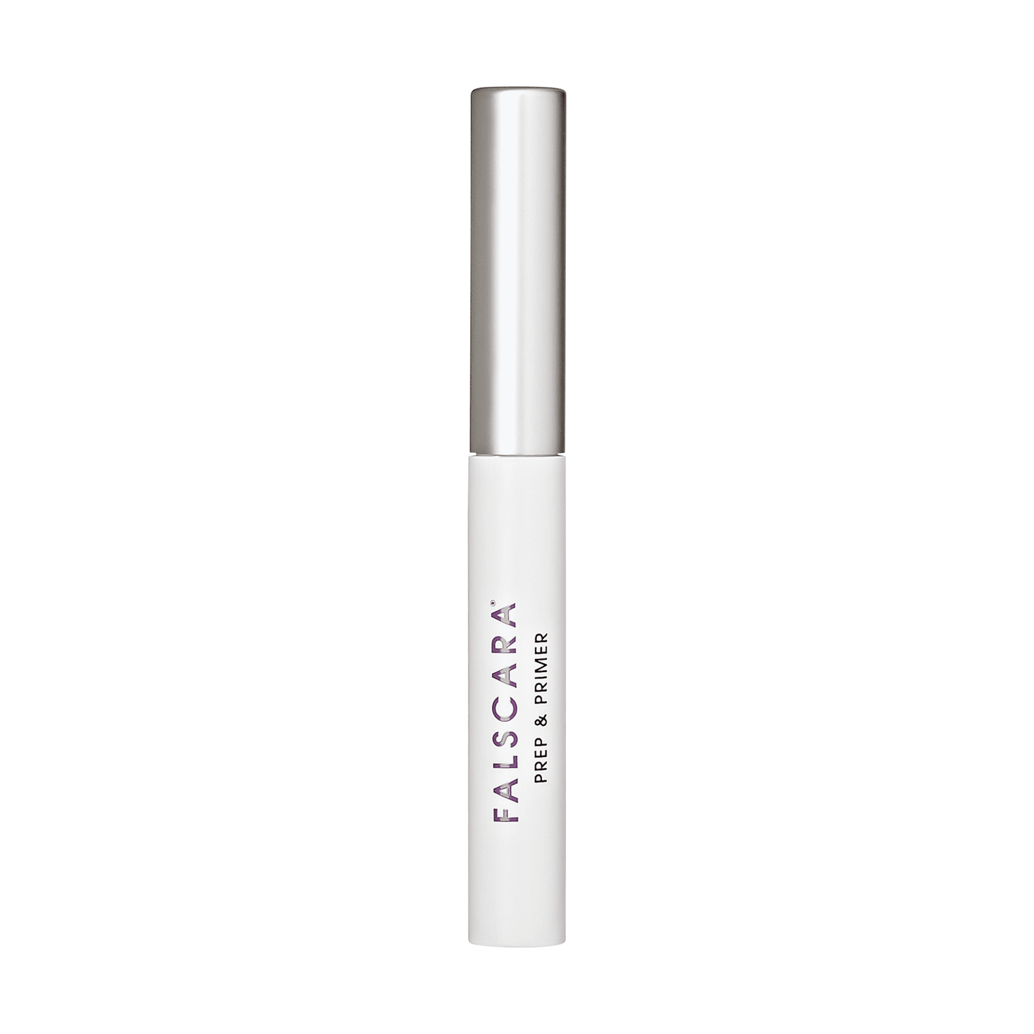 The image shows a cylindrical cosmetic product with a sleek design. The product has a white body with a metallic silver cap. The body of the product is labeled with the brand name "FALSCARA" in purple text, and below it, the words "PREP &amp; PRIMER" are written in smaller black text. The overall design is minimalistic and modern, suggesting it is a beauty product, likely used for preparing and priming before applying makeup.