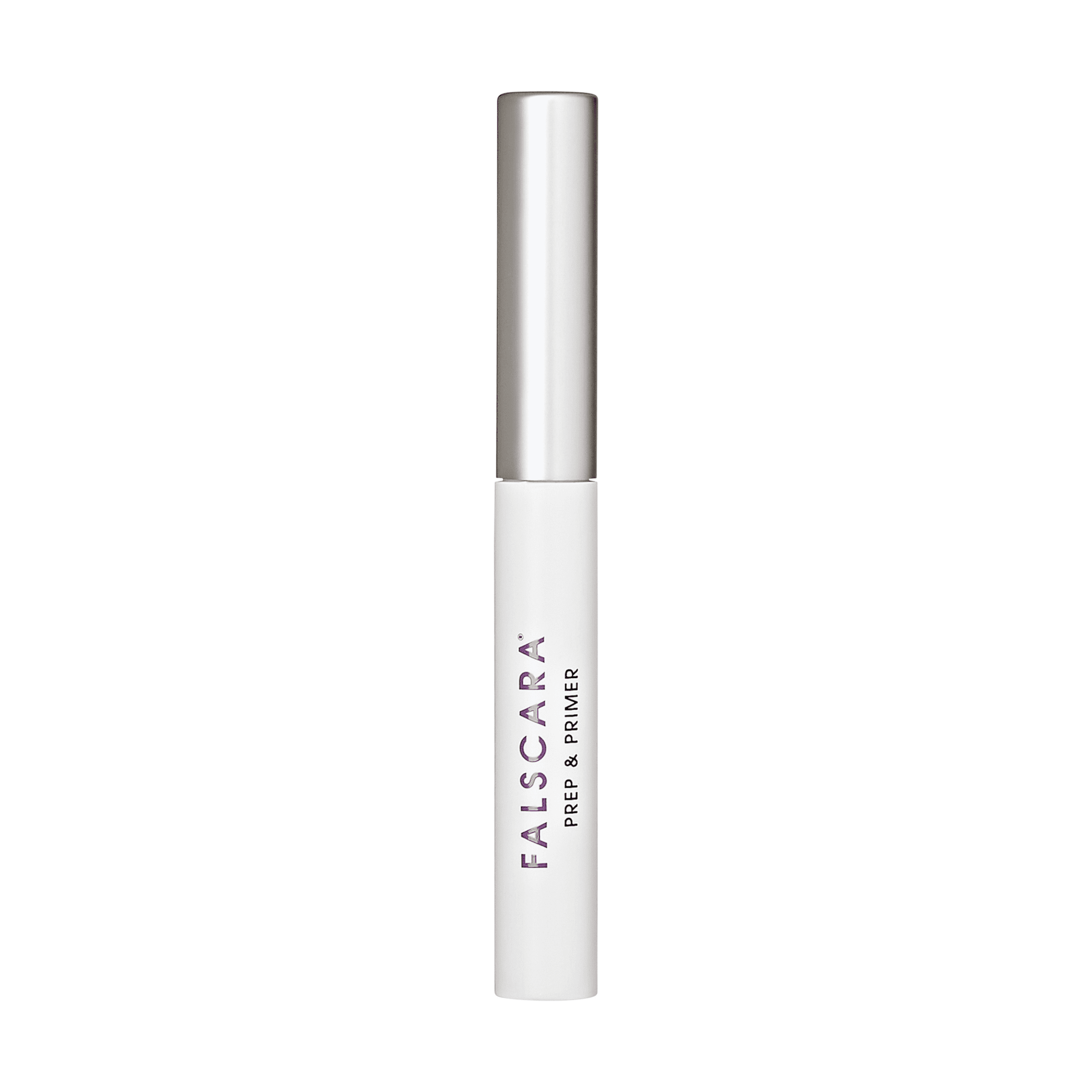 The image shows a cylindrical cosmetic product with a sleek design. The product has a white body with a metallic silver cap. The body of the product is labeled with the brand name "FALSCARA" in purple text, and below it, the words "PREP &amp; PRIMER" are written in smaller black text. The overall design is minimalistic and modern, suggesting it is a beauty product, likely used for preparing and priming before applying makeup.
