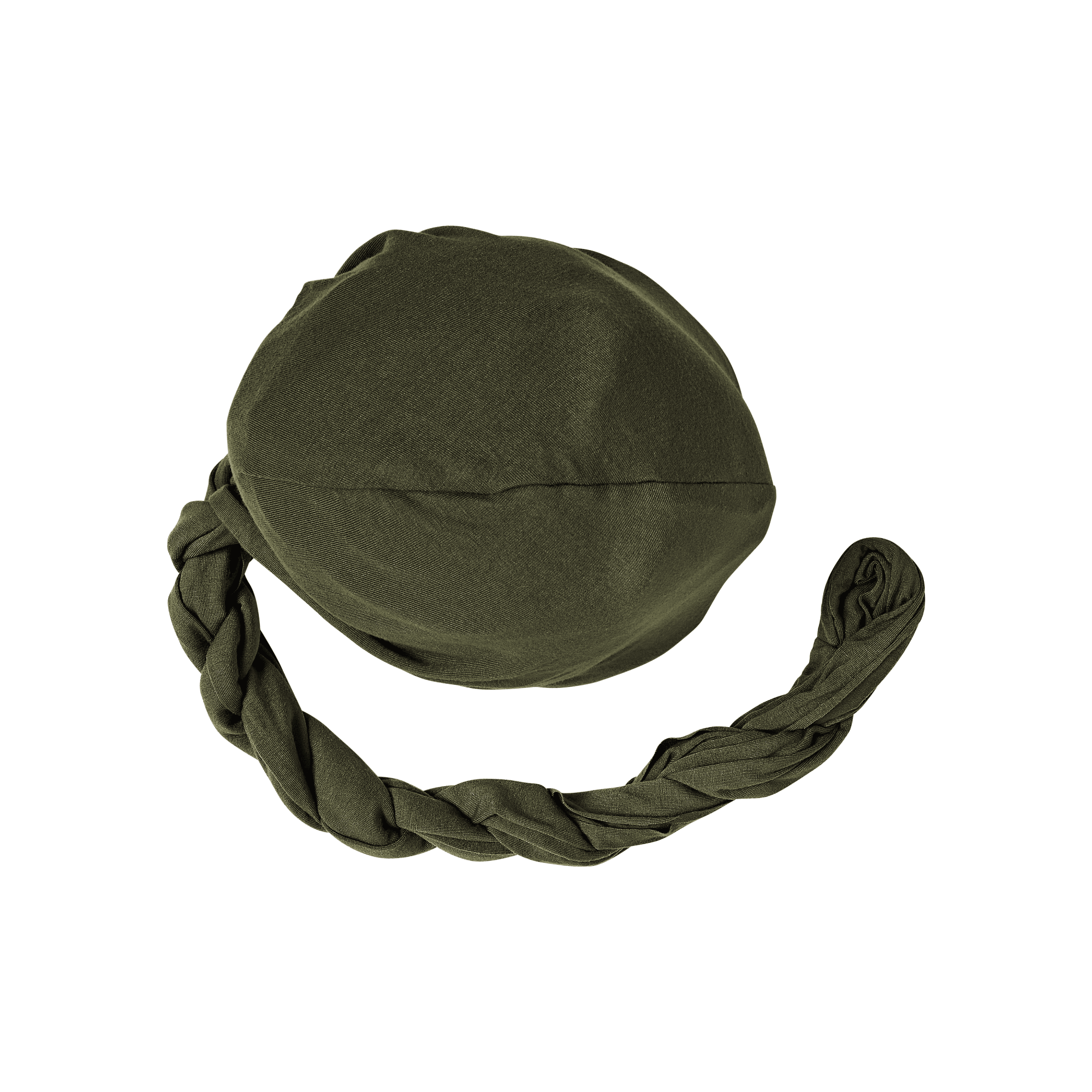 Olive green premium satin-lined halo turban with a pre-tied braided detail, shown flat against a white background.