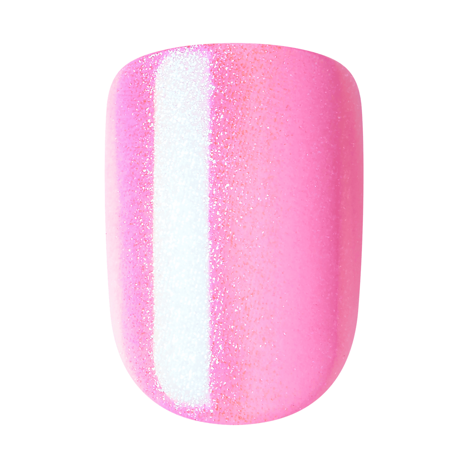 The image shows a single artificial nail with a glossy finish. The nail features a gradient design, transitioning from a bright, glittery white on the left side to a vibrant, glittery pink on the right side. The surface of the nail is smooth and shiny, reflecting light to enhance the glitter effect. The overall appearance is stylish and eye-catching, suitable for a fashionable and trendy look.