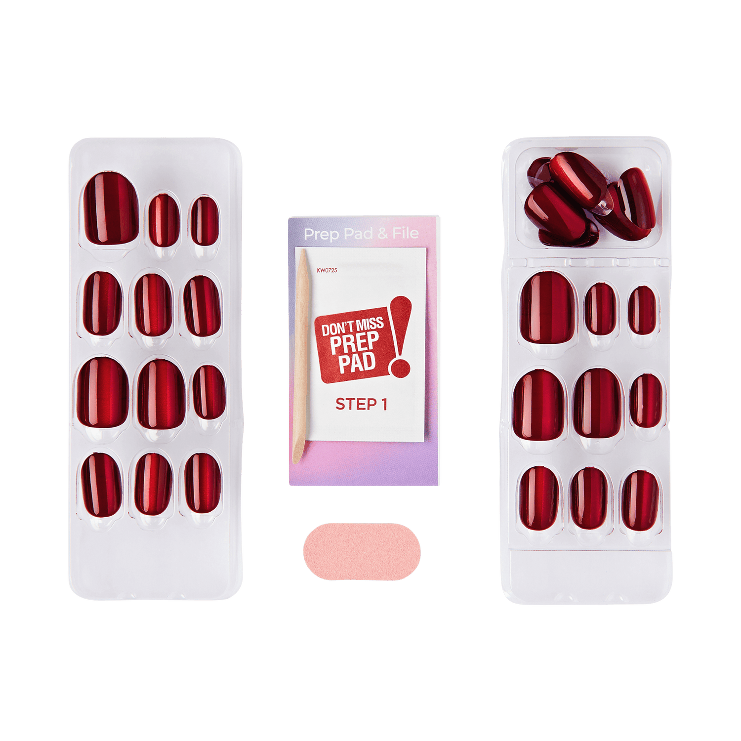 The image displays a set of artificial nails and nail care accessories. There are two trays of red, glossy, press-on nails in various sizes. In the center, there is a package labeled "Prep Pad &amp; File" with the text "DON&