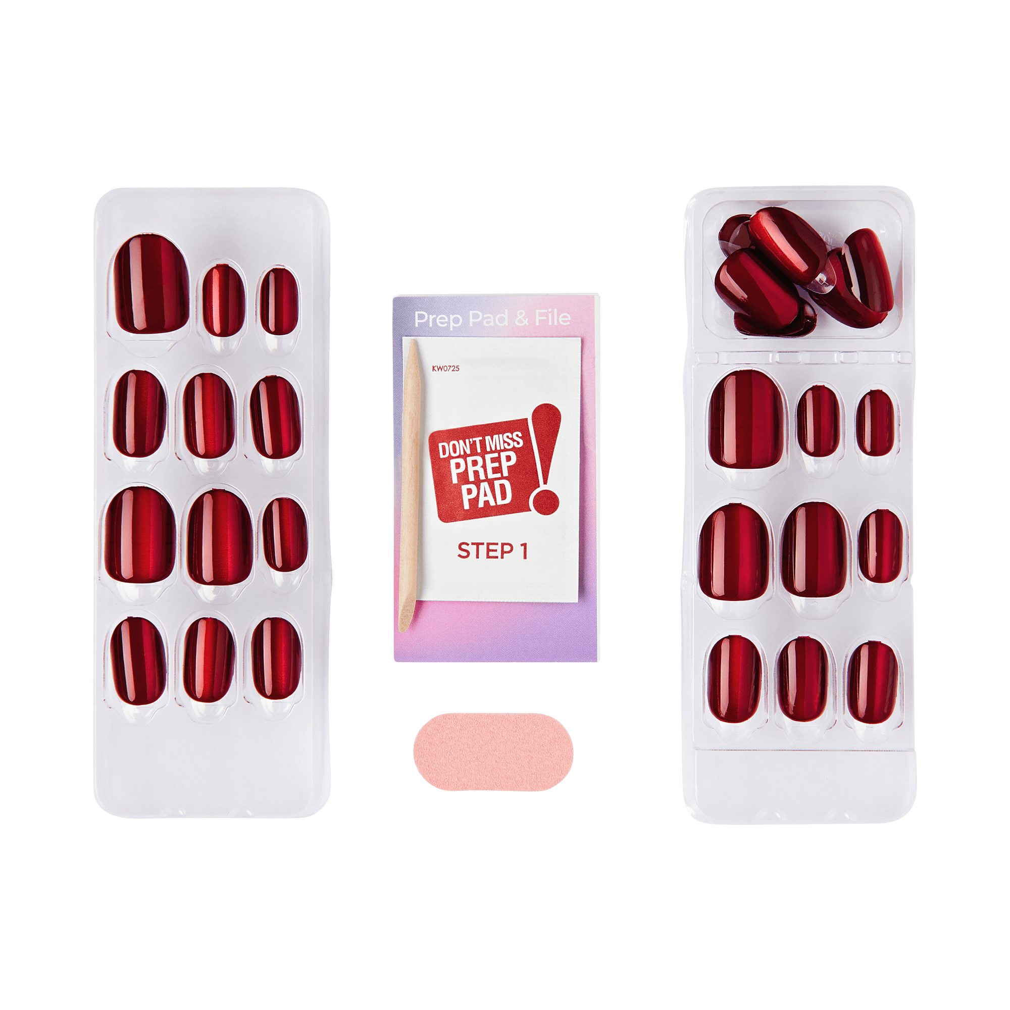 The image displays a set of artificial nails and nail care accessories. There are two trays of red, glossy, press-on nails in various sizes. In the center, there is a package labeled "Prep Pad &amp; File" with the text "DON&