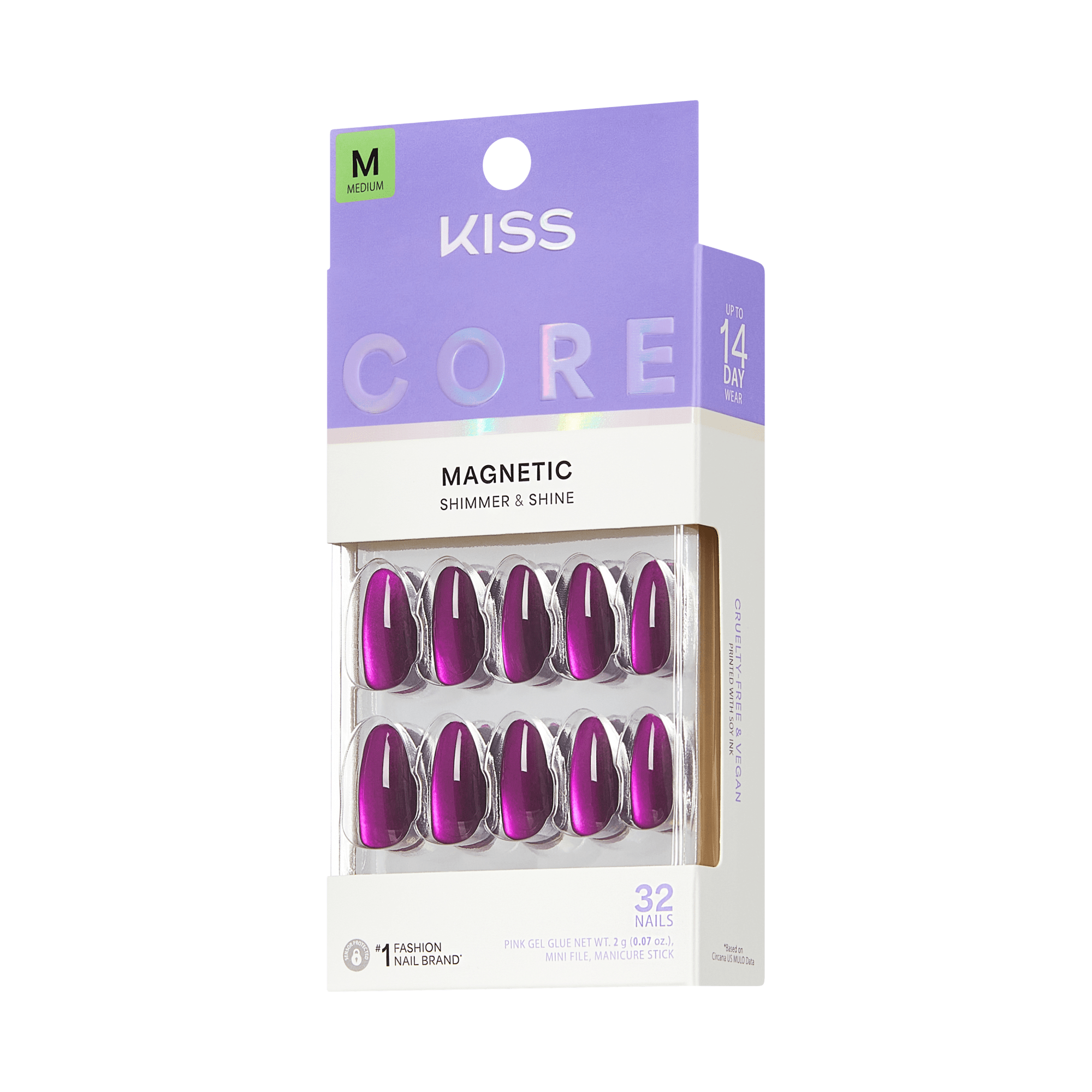 Kiss Core Magnetic Press On Fake Glue Nails - Glaring Sparks | Design, Purple, Medium, Almond