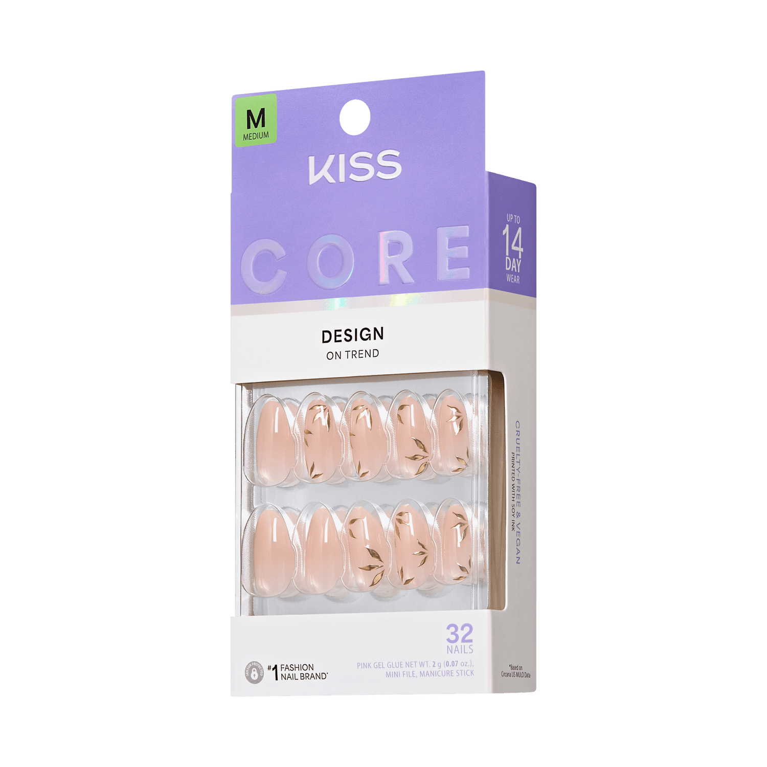 Kiss Core Design Press On Fake Glue Nails - Wherever You Go | Design, Pink, Medium, Almond