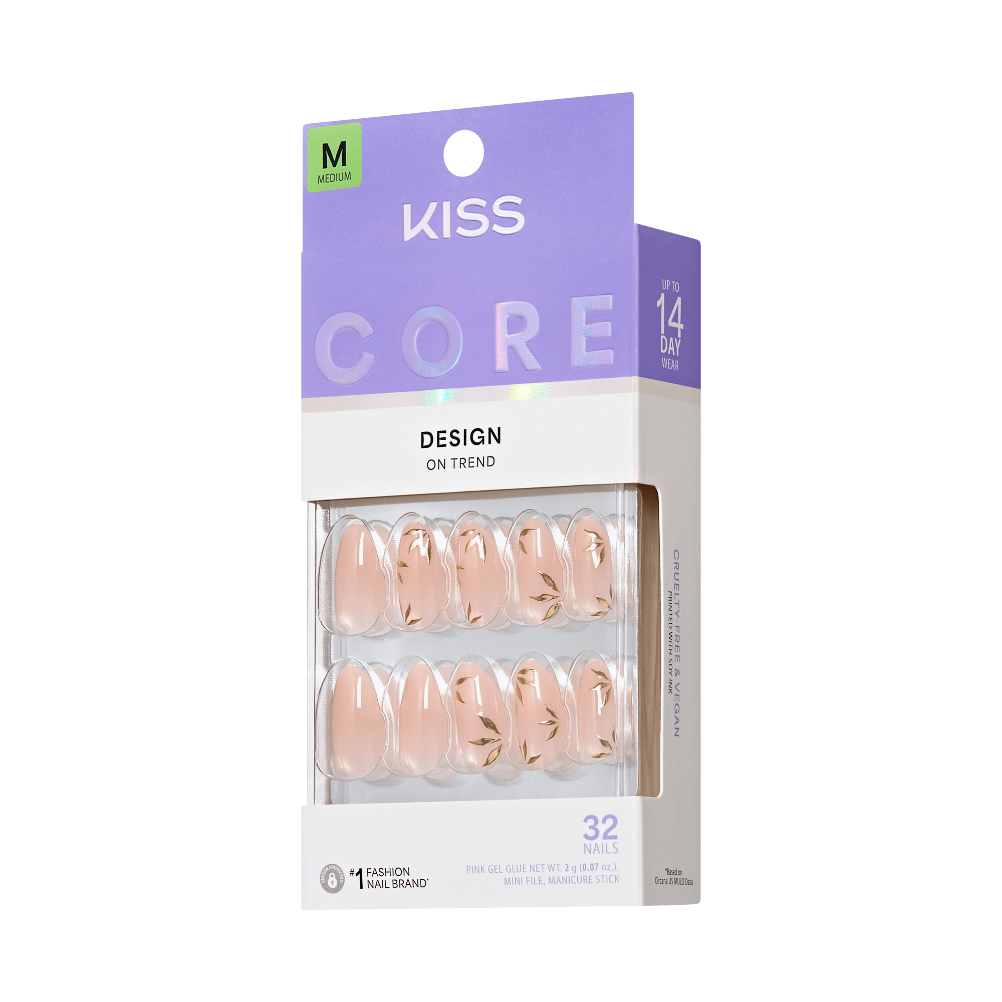Kiss Core Design Press On Fake Glue Nails - Wherever You Go | Design, Pink, Medium, Almond