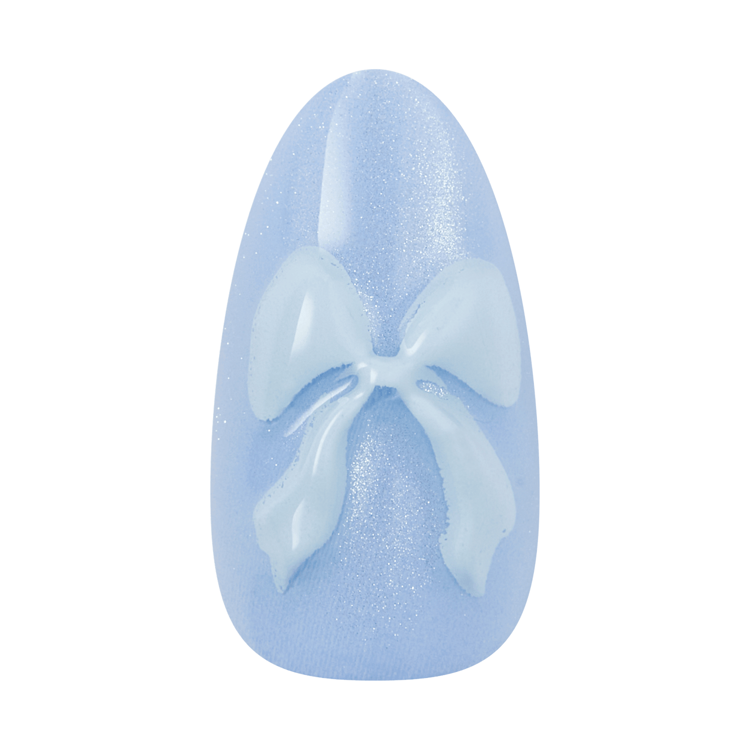 Light blue almond nail with glittery finish and white bow design.