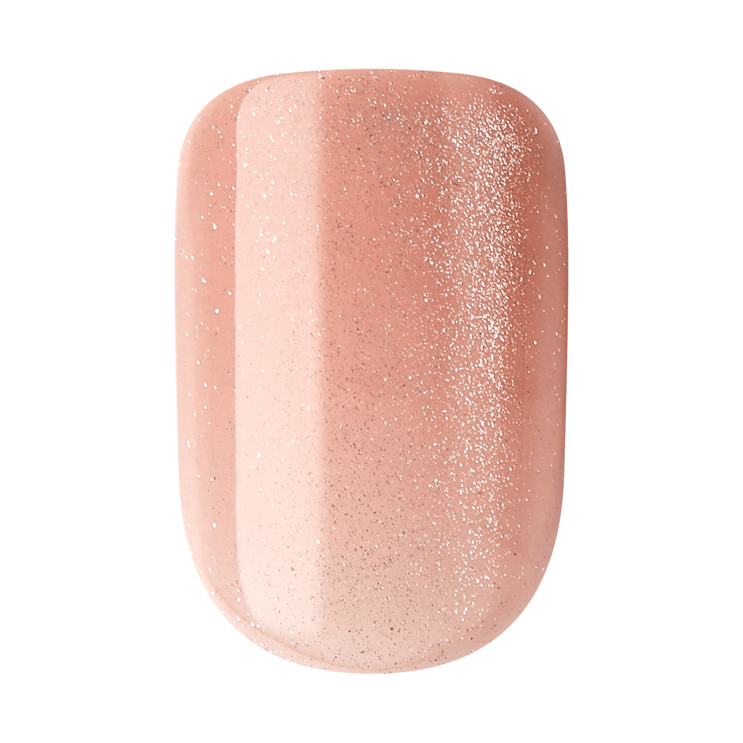 The image shows a single artificial nail with a glossy finish. The nail is painted in a gradient style, transitioning from a light peach color at the base to a slightly darker peach towards the tip. The entire surface is adorned with fine, shimmering glitter, giving it a sparkly appearance. The nail has a smooth, rounded rectangular shape with a slightly curved surface.