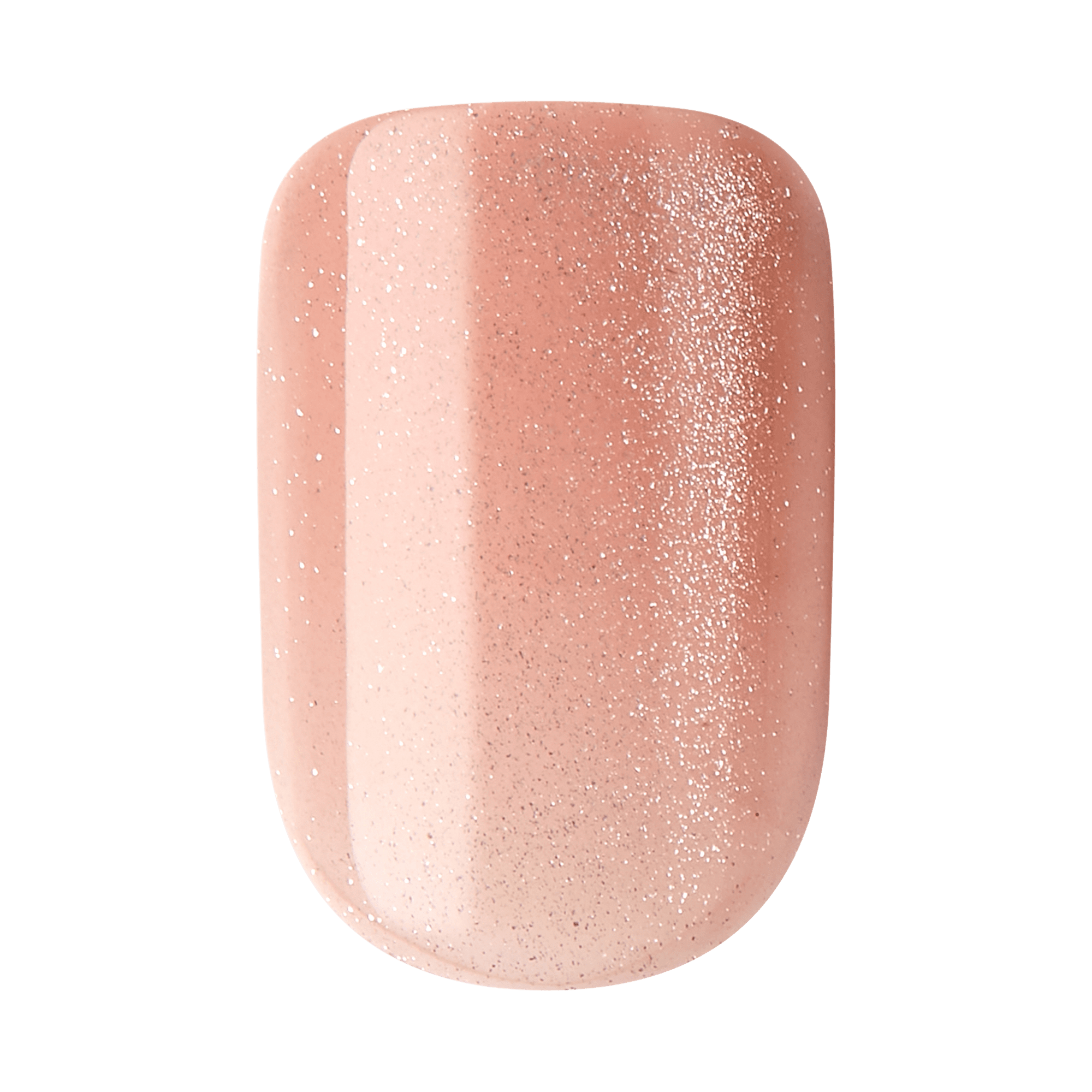 The image shows a single artificial nail with a glossy finish. The nail is painted in a gradient style, transitioning from a light peach color at the base to a slightly darker peach towards the tip. The entire surface is adorned with fine, shimmering glitter, giving it a sparkly appearance. The nail has a smooth, rounded rectangular shape with a slightly curved surface.