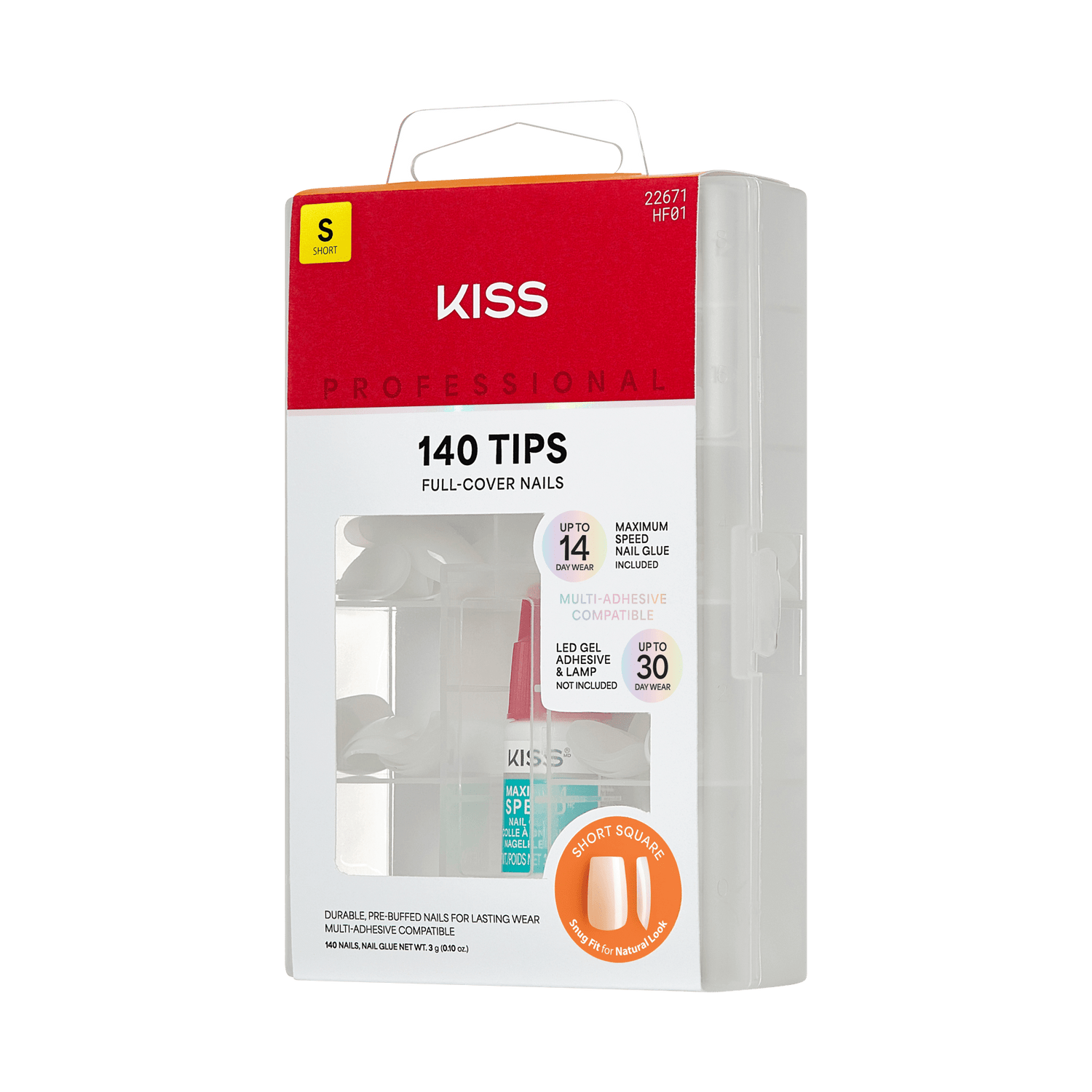 KISS Professional 140 Tips Full-Cover Nails Short Square packaging with nail glue included.