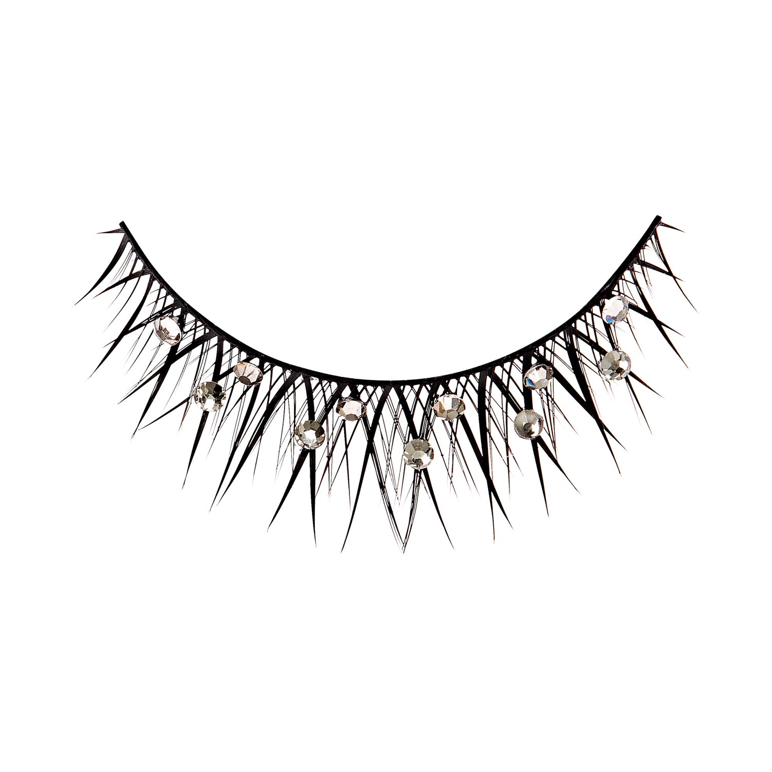 The image shows a single false eyelash strip designed for decorative purposes. The eyelash strip is black and features long, spiky lashes. Attached to the base of the strip are small, round, reflective rhinestones, adding a sparkling, glamorous effect. The overall design is bold and dramatic, suitable for special occasions or theatrical makeup.