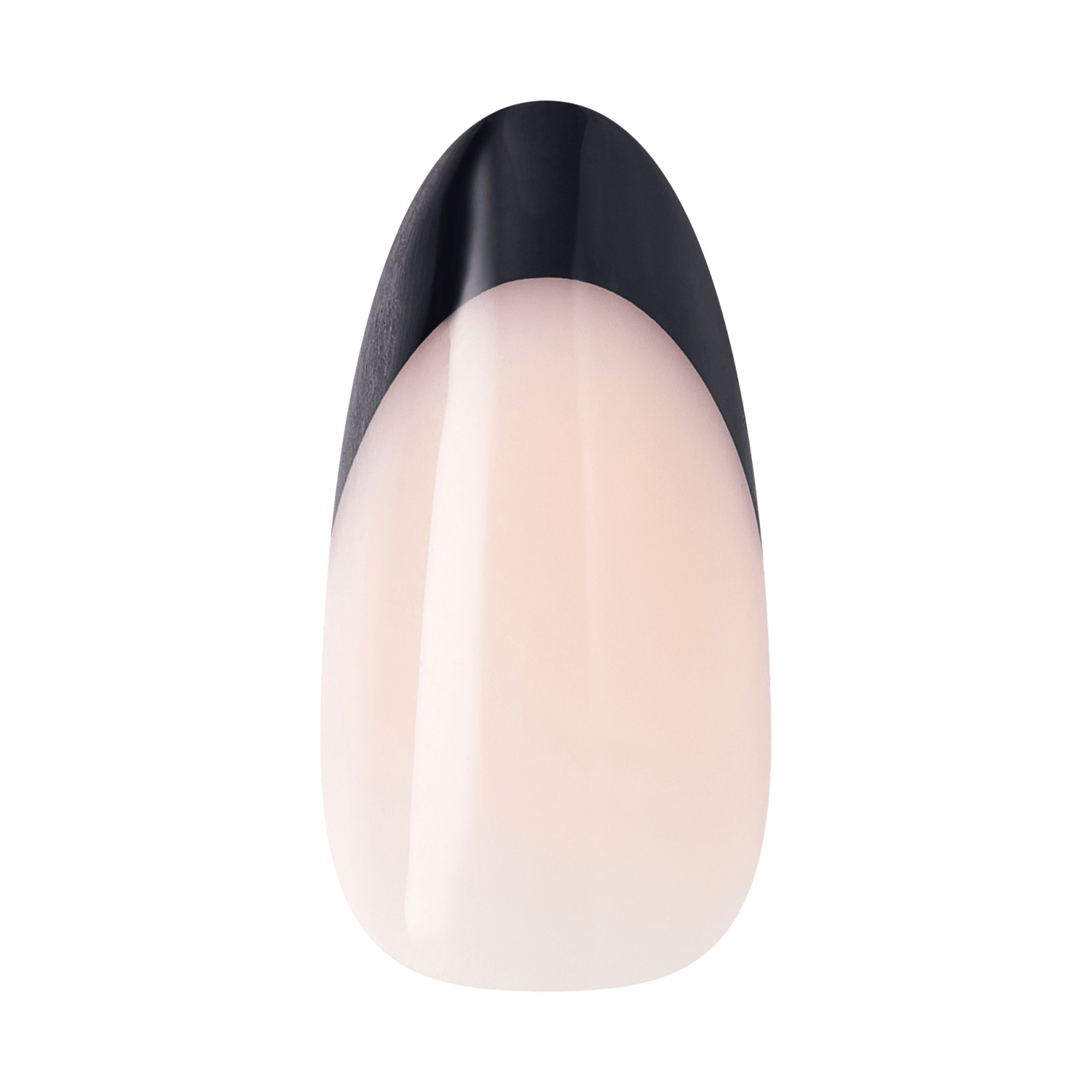 Almond-shaped nail with black tip and nude base polish application