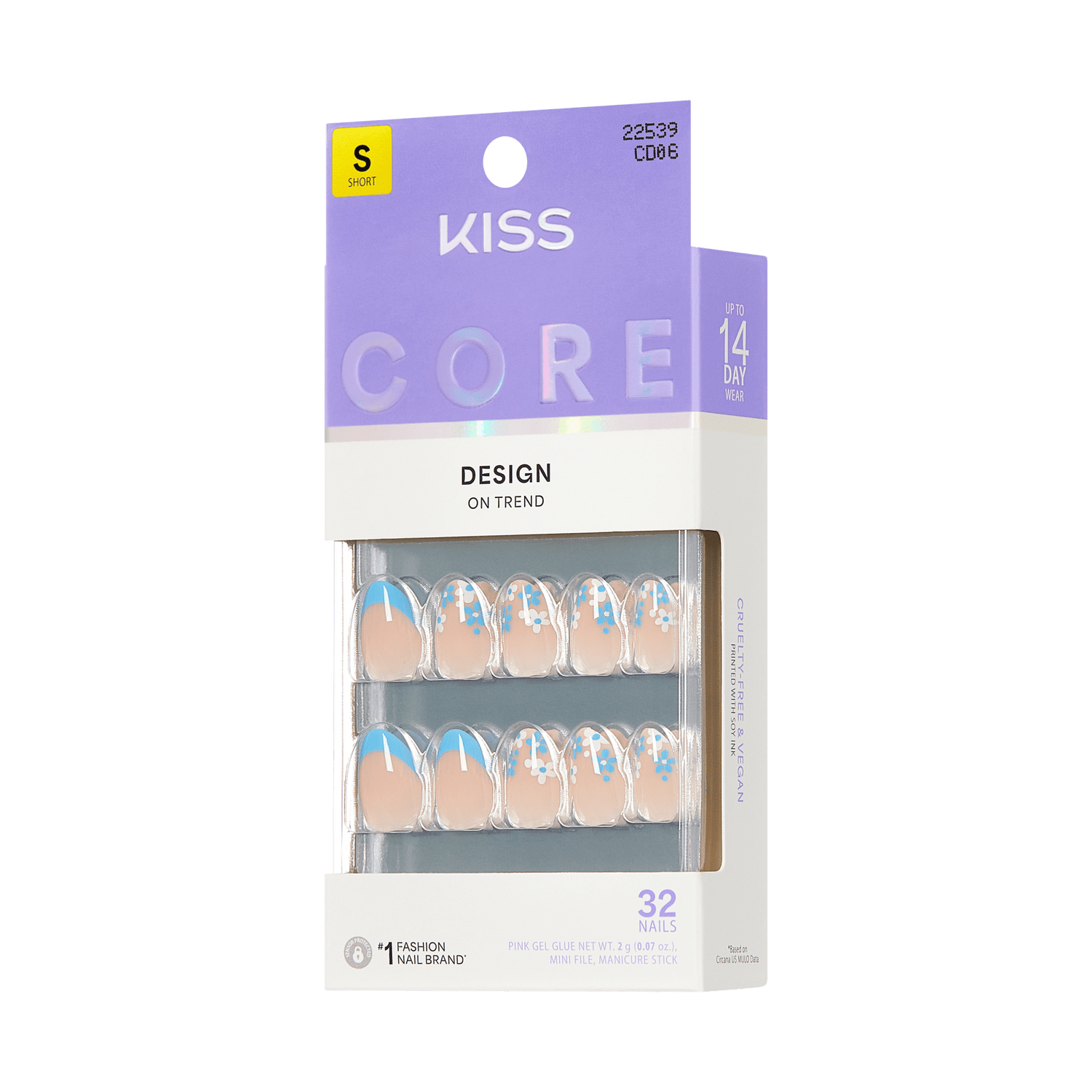 KISS Core Design short press-on nails, 32 pack, blue and white striped design