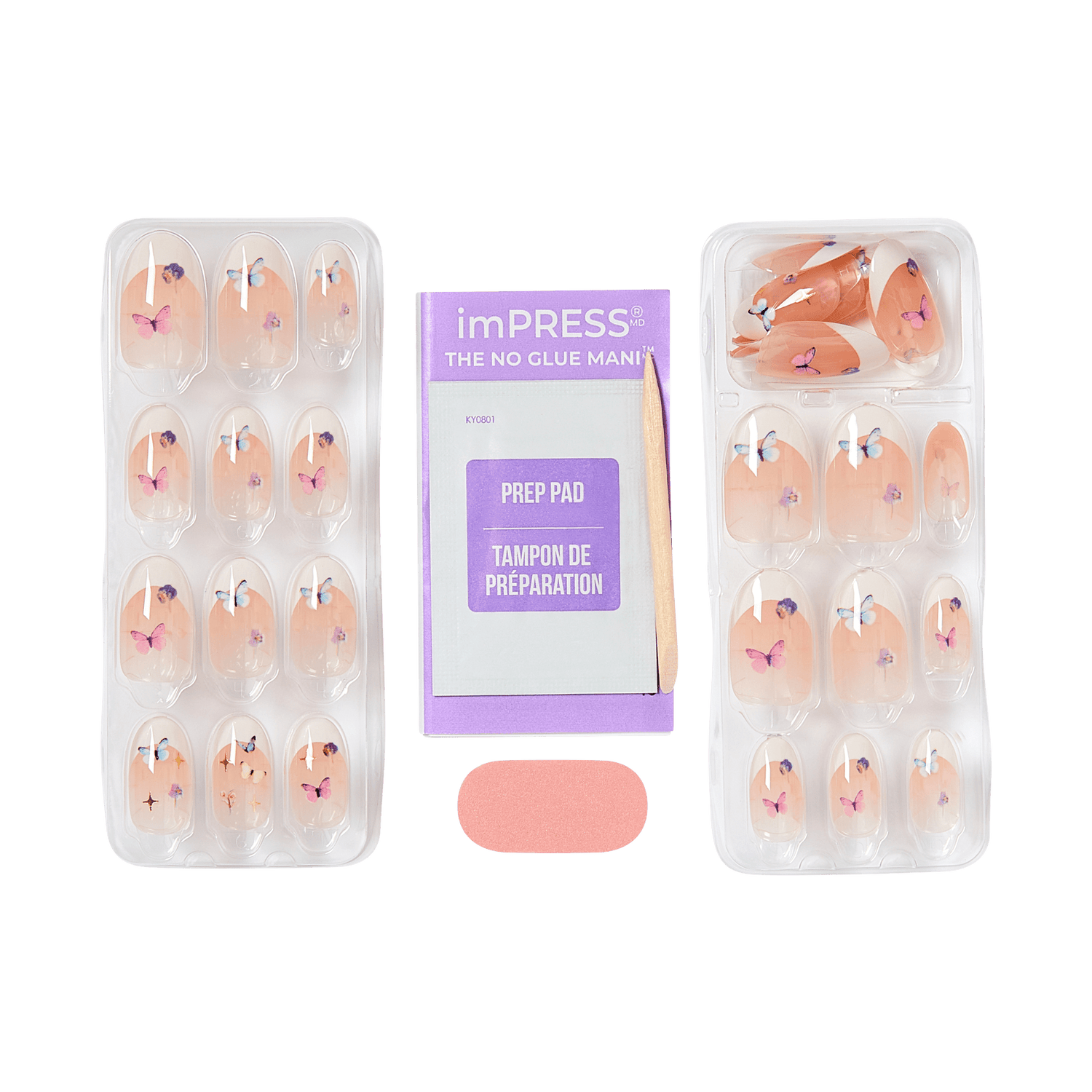 imPRESS No Glue Mani press-on nails with butterfly and floral designs, prep pad included.