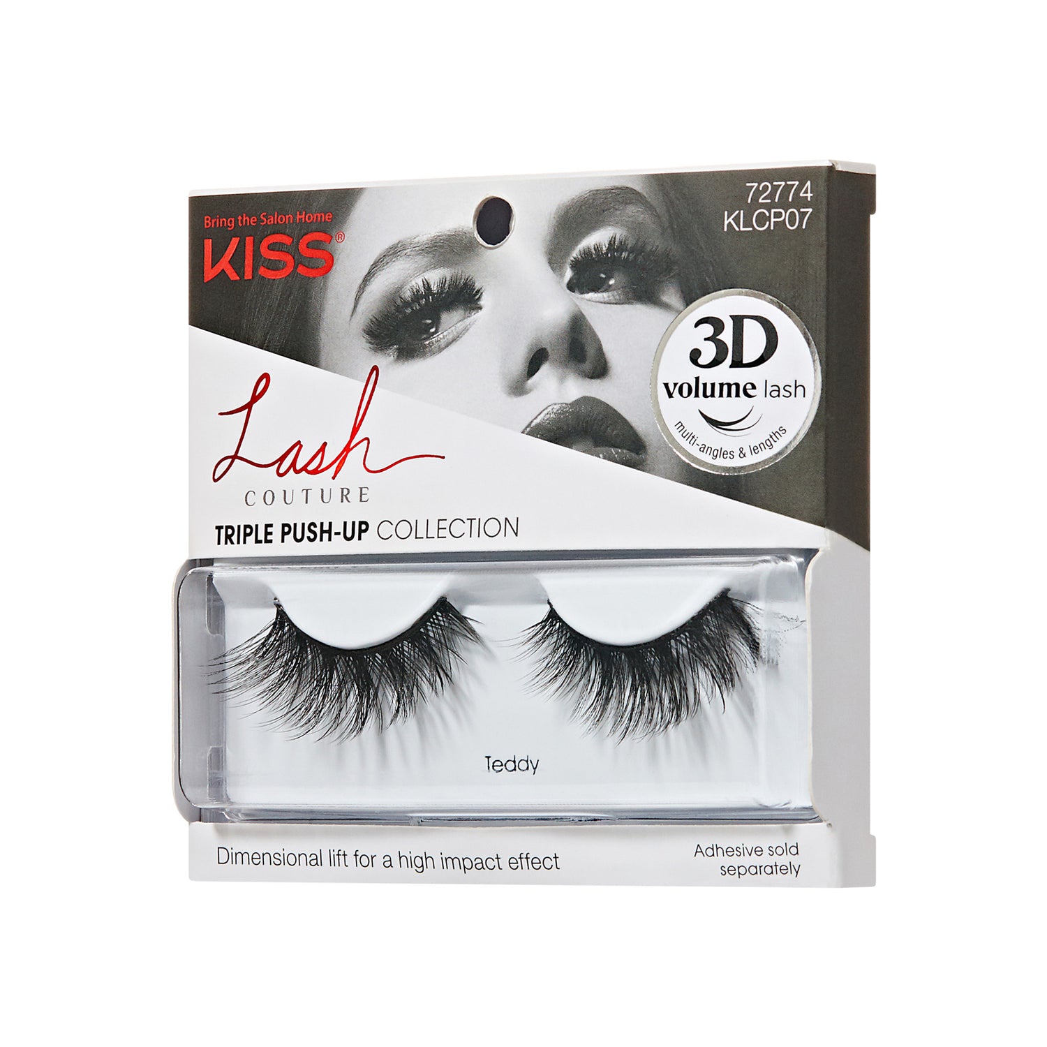 False eyelashes in black from the Kiss Lash Couture Triple Push-Up Collection in Teddy style, with packaging showing a close-up woman&