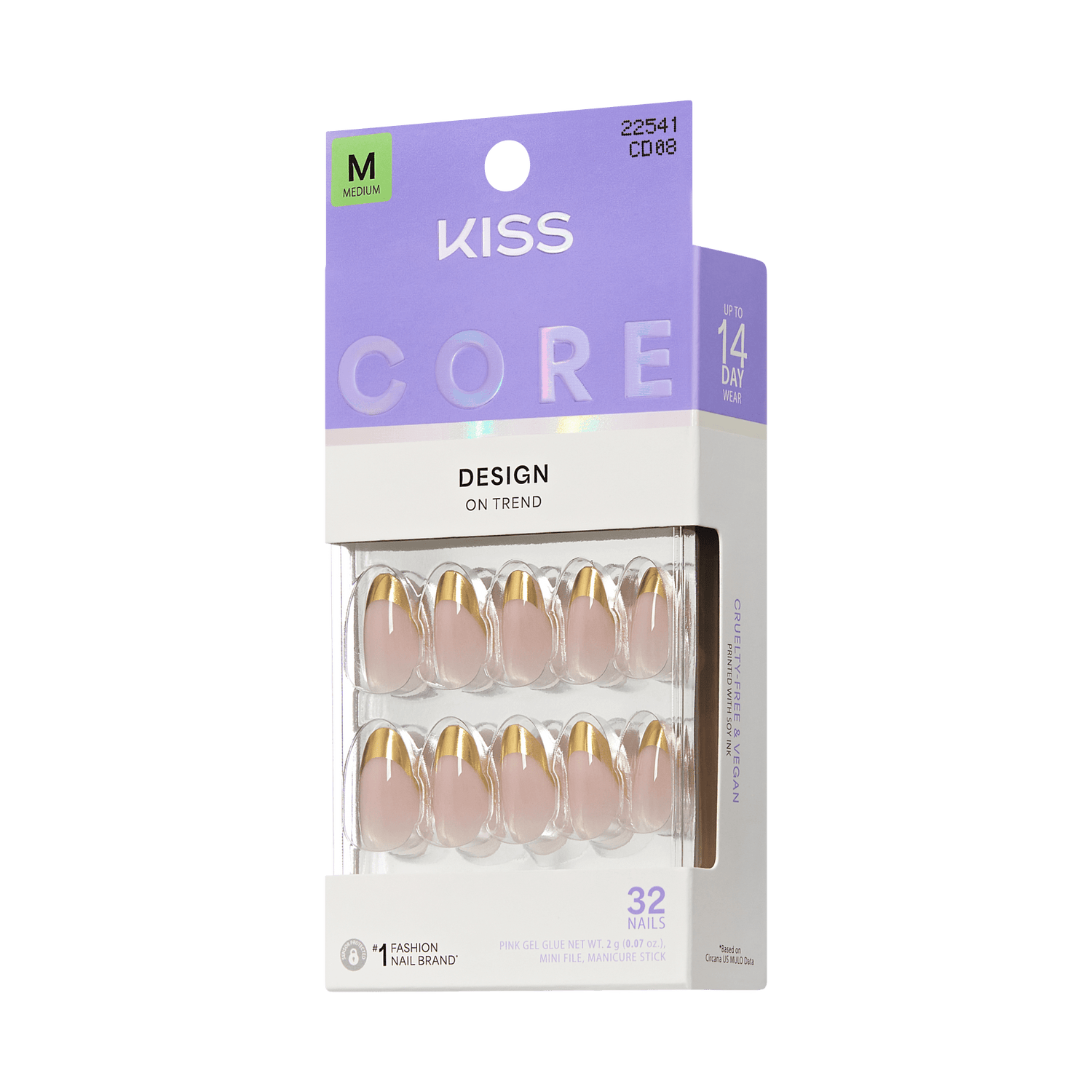 KISS Core Design nail set with 32 medium nails, gold ombre tips, up to 14 day wear.