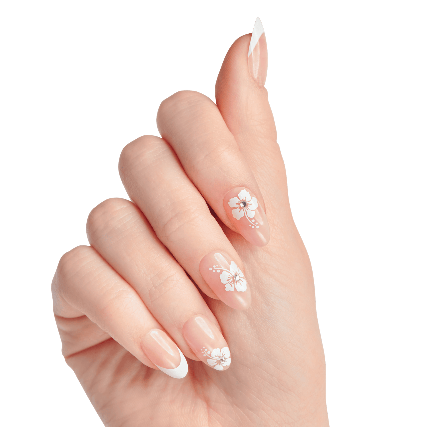 The image features a well-manicured hand displaying elegant nails. The nails are shaped in a stylish almond form and have a soft, nude base color. Each nail is adorned with delicate white floral designs, adding a touch of sophistication. The tips of the nails are painted in a classic French manicure style, enhancing the overall aesthetic. The hand is positioned gracefully against a plain white background, emphasizing the beauty of the nail art.