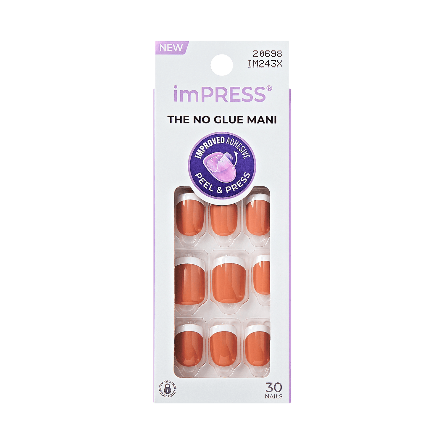 The image features a packaging for imPRESS press-on nails. The design is sleek and modern, showcasing a set of artificial nails in a warm, peachy-orange color. The packaging is labeled "NEW" and highlights the product&