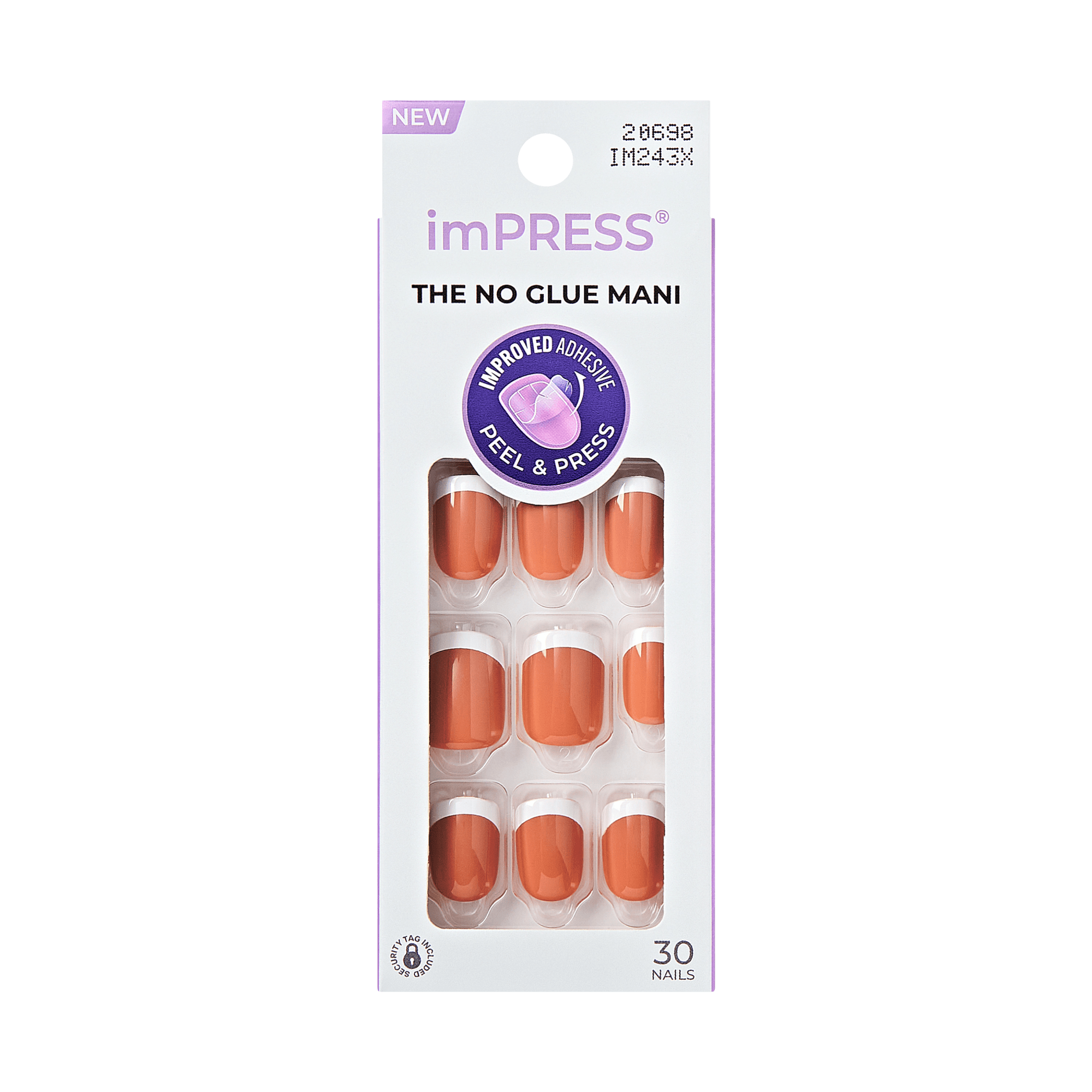 The image features a packaging for imPRESS press-on nails. The design is sleek and modern, showcasing a set of artificial nails in a warm, peachy-orange color. The packaging is labeled "NEW" and highlights the product&